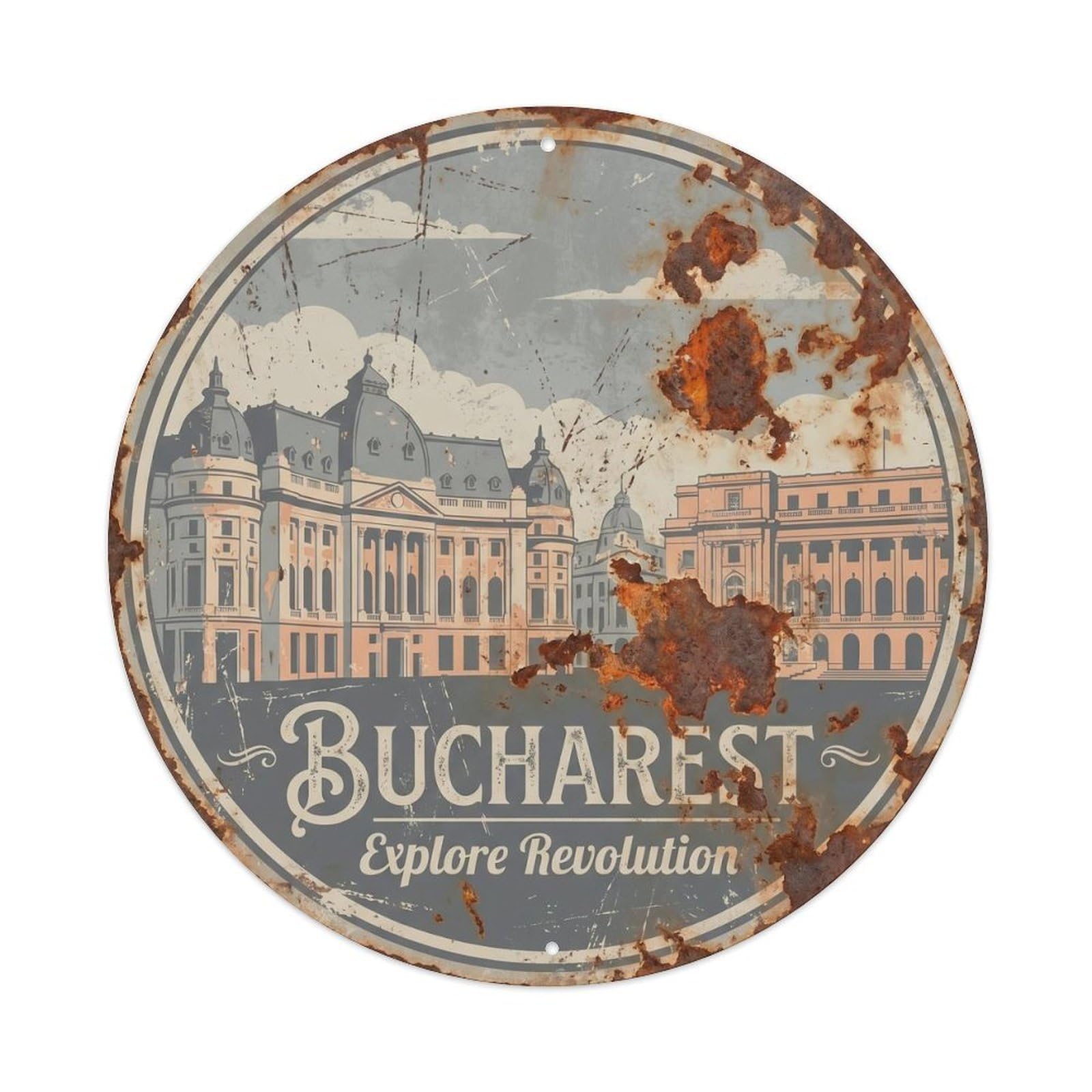 Revolution Explore Bucharest Tourism Heritage Scenic Metal Tin Sign Plaque Wall Decor for Cafe, Man Cave, Club Bar, Office, Home Garden Round Metal Poster 8x8Inch