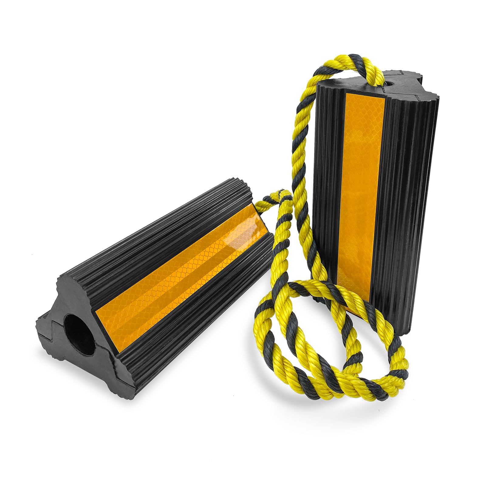 HOXWELL Heavy Duty Rubber Dual Wheel Chocks, RV Non Slip Wheel Stoppers with 42In Nylon Rope Yellow, Wheel Block for Travel Trailers, Aircraft, Car, Camper, Truck 1 Pair