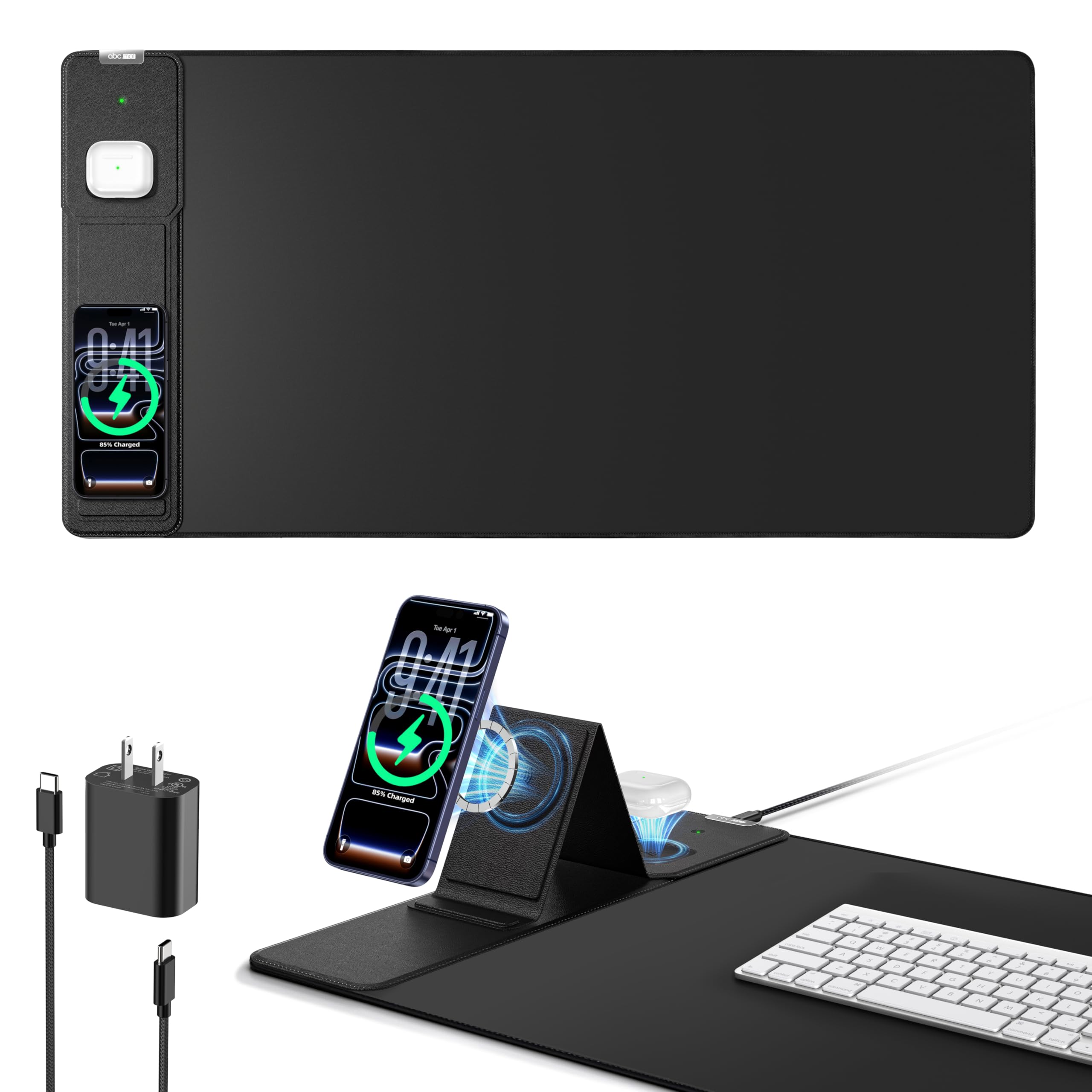 Alfombrilla de mouse con carga inalámbrica magnética y soporte ajustable para teléfono, alfombrilla de escritorio extendida de 31.5 x 15.8 pulgadas, almohadilla de teclado ultra suave impermeable