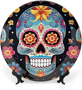 Ceramic Sugar Skulls Decorative Plate for Wall Hanging 6inch Large Bone China Dinner Plates with Display Stand Porcelain Art Dish for Home Kitchen Office Wedding Gift Farmhouse Decor