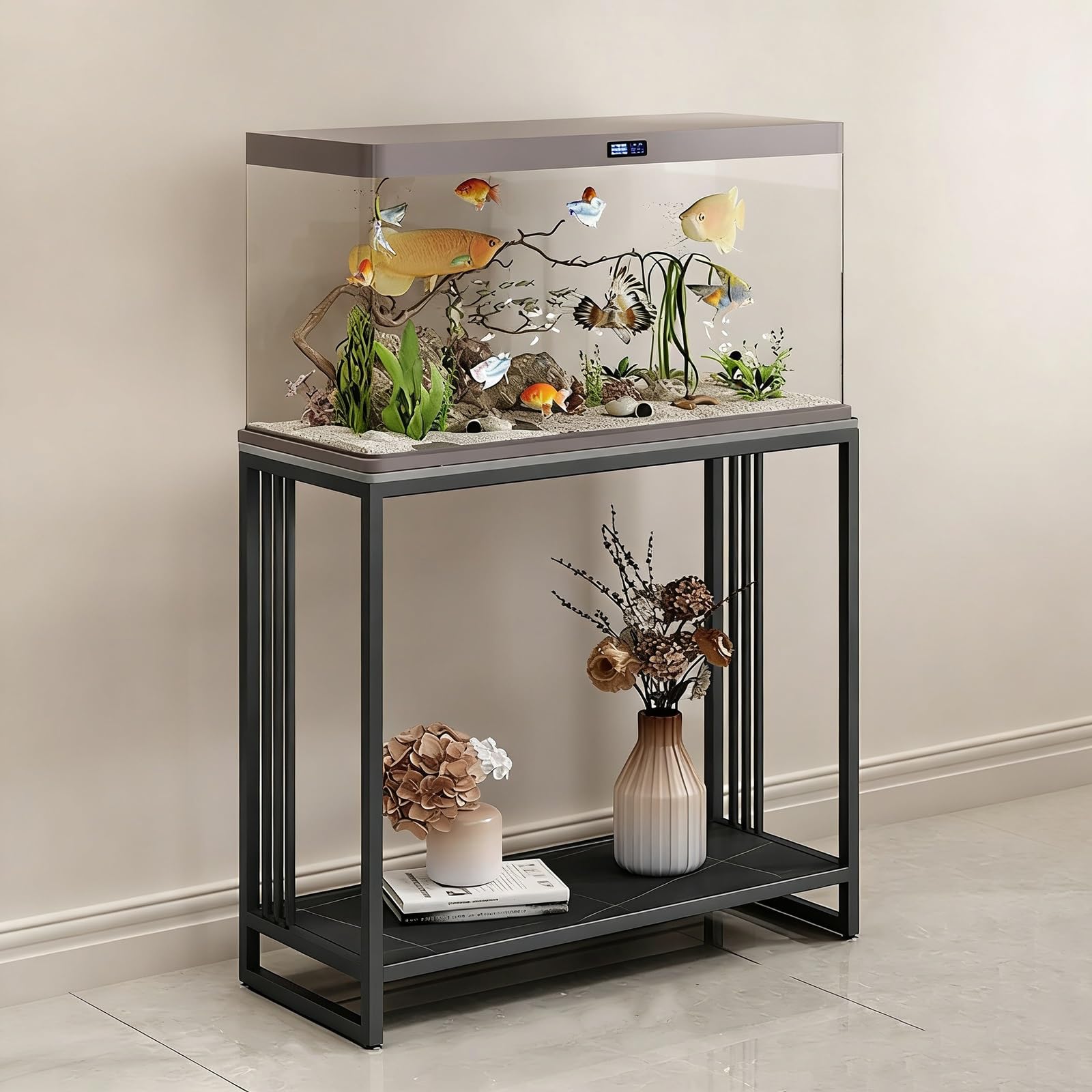 Étagère aquarium 10-30 L avec rangement en métal noir robuste