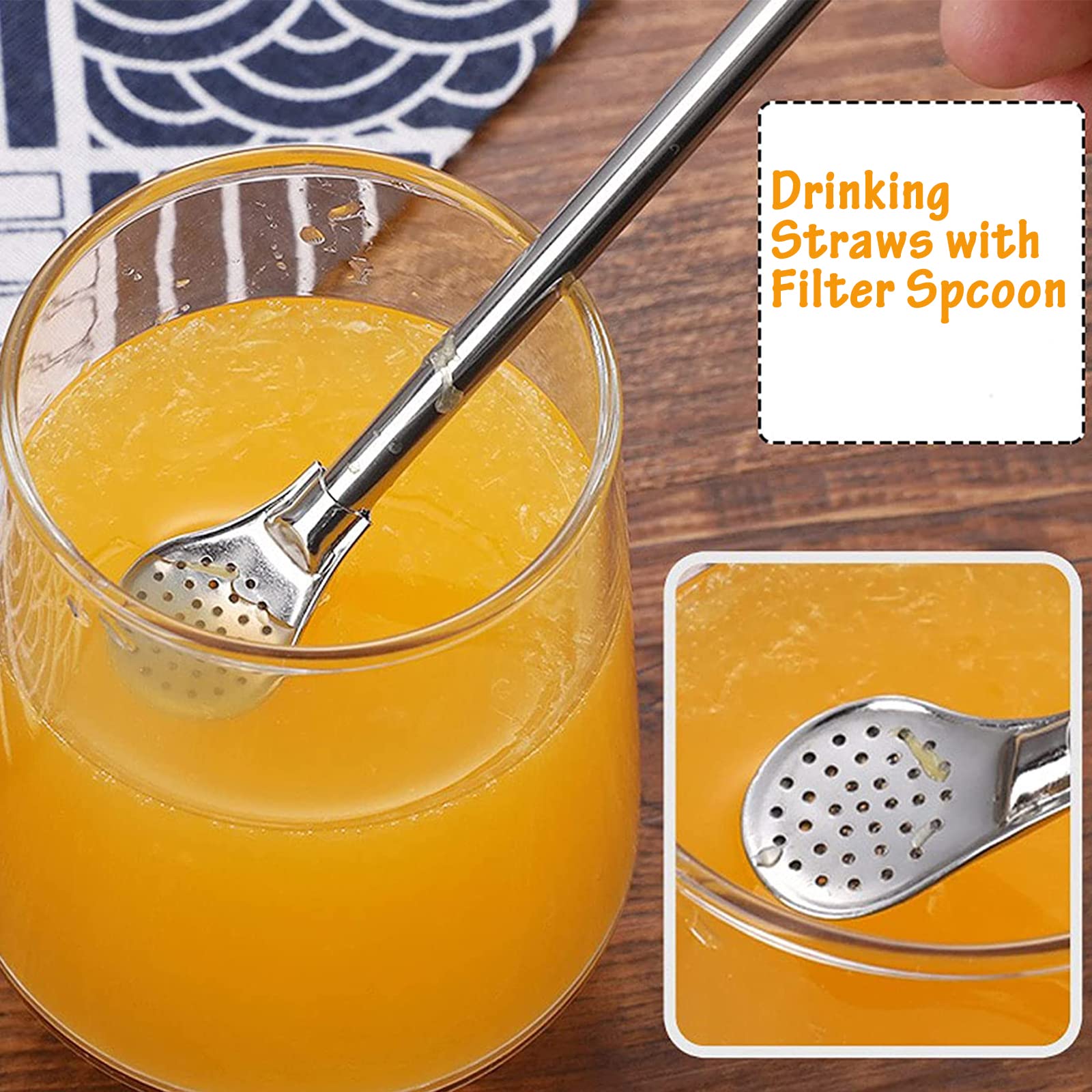 Cuchara de Filtro de Paja de Acero Inoxidable Extraíble, Paquete de 6 Pajitas de Té con 1 Cepillos de Limpieza, Cuchara de Paja de Metal Reutilizable, para Beber Té Suelto, Café Helado