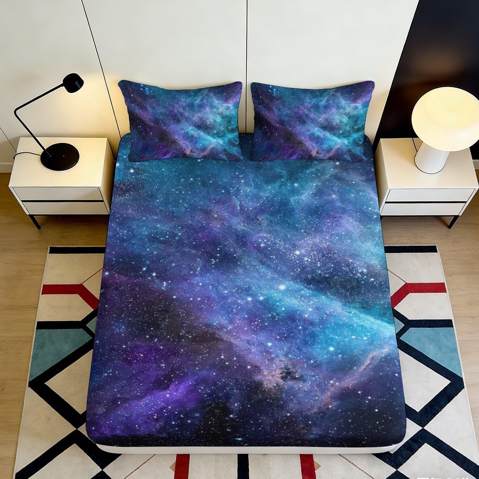 3D Printed Galaxy Starry Sky Fitted Sheet Microfiber Soft Breathable Cosmic Nebula Mattress Cover for Bedroom Dormitory Guest Room Mattress Protection 90x200x25cm