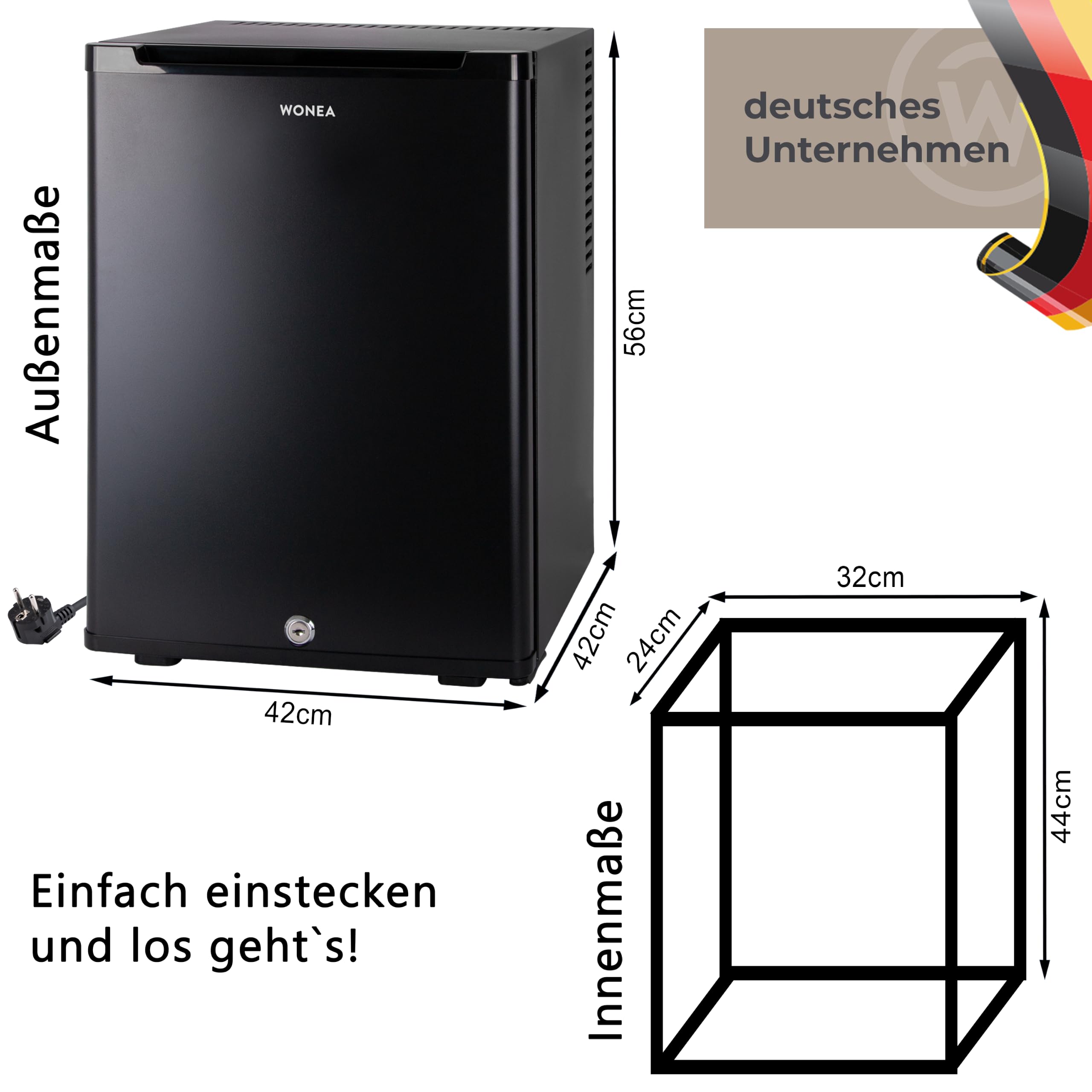 40 Liter Mini Kühlschrank LAUTLOS geräuschlos, Minibar mit Schloss, 5°-18°C