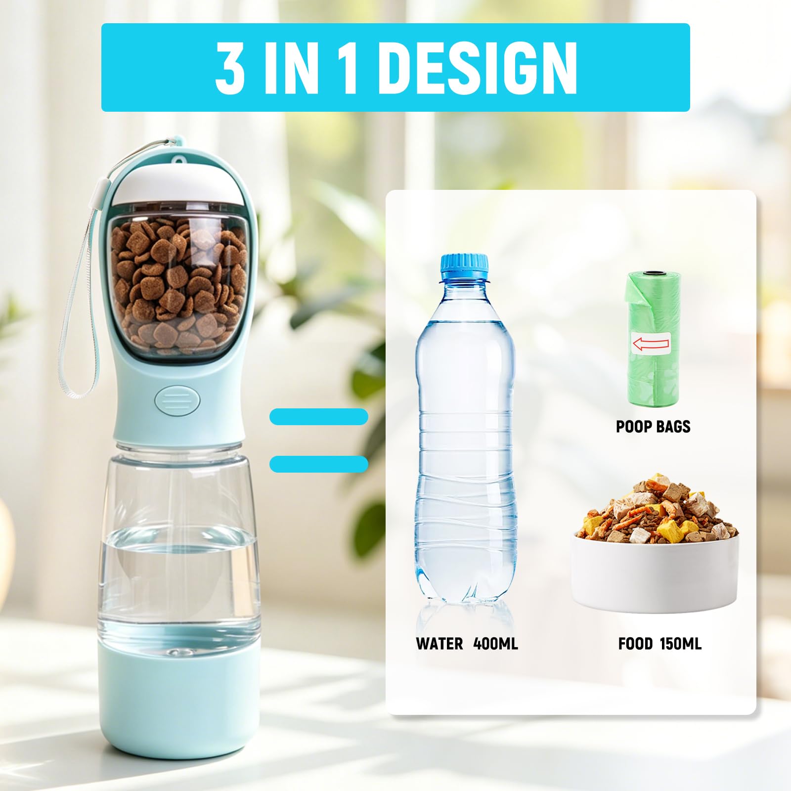 Butelka do picia dla psa, 400 ml + 150 ml, butelka do picia dla psa w podróży | Z dozownikiem worków na odchody, dla szczeniaków i kotów, akcesoria podróżne, dozownik wody