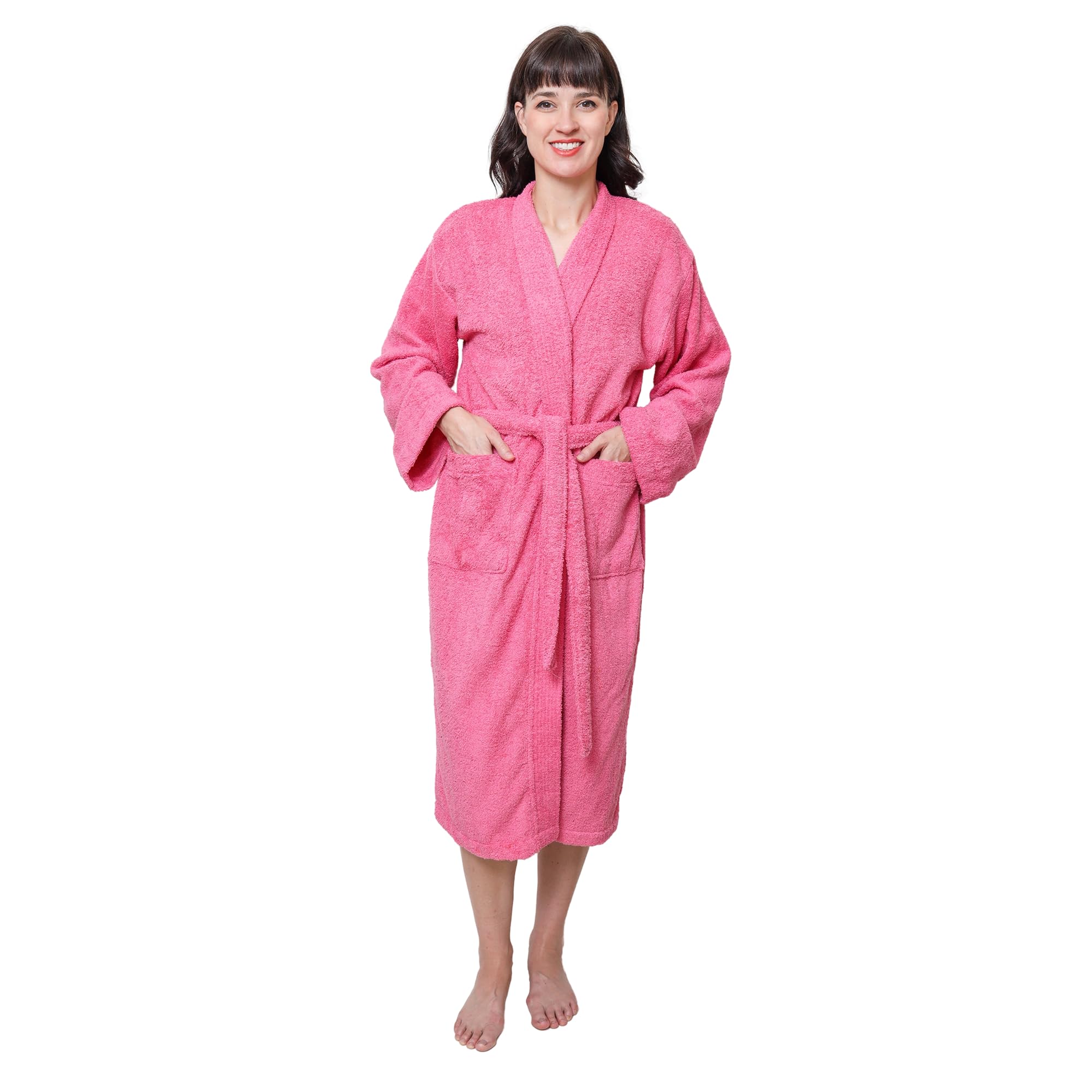 GOLD TEXTILES Women's Long Terry Cloth Bathrobe with Shawl Collar, Adjustable Towel Belt, Long Sleeves, Pockets - Soft, Absorbent, Comfortable (Rose,