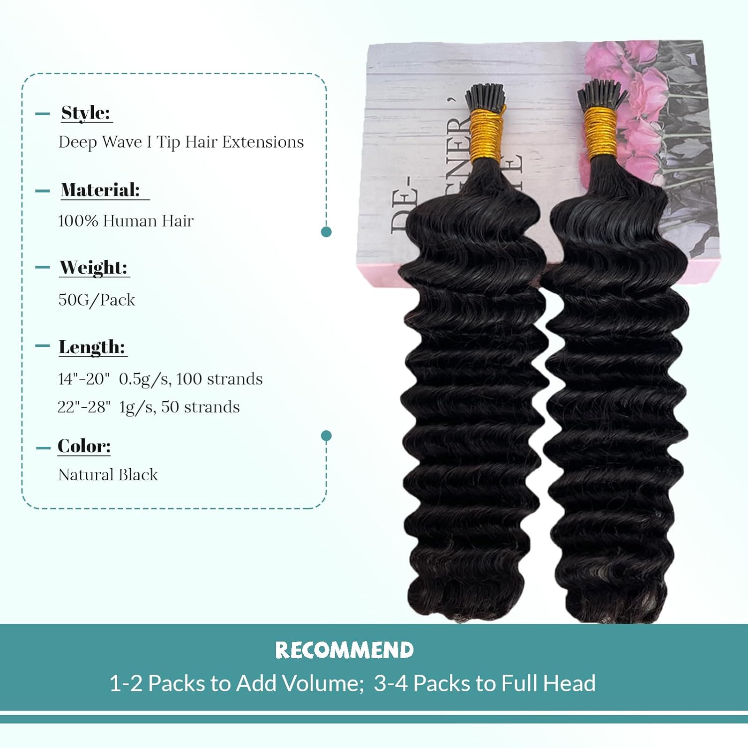 I Tip Hair Extensions Real Human Hair, 28inch 50g 50S Deep Wave Cold Fusion I Tip Hair Extensions, Invisible Remy Pre Bonded Human Hair I Tips, #1B Natural Black
