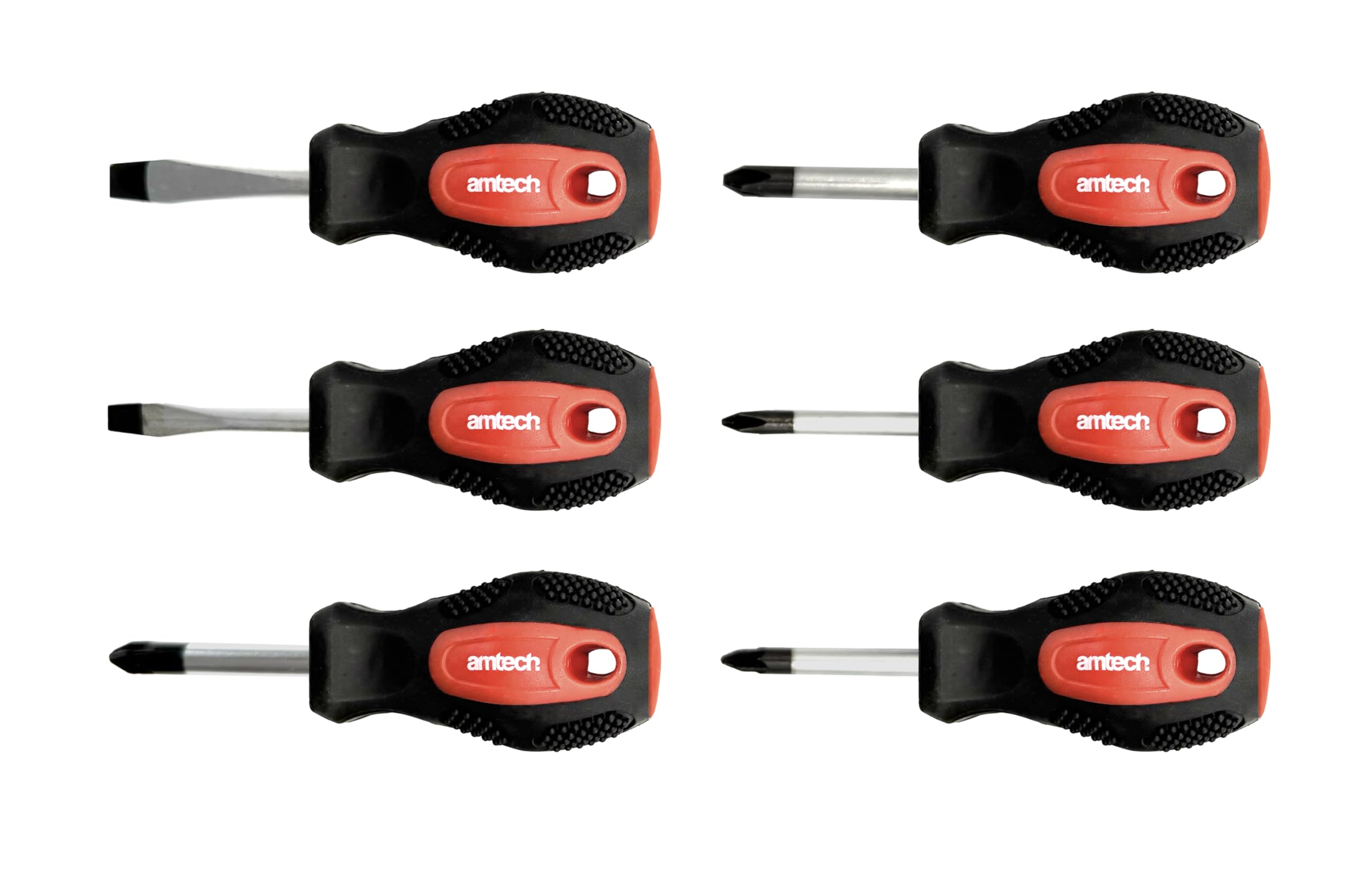 Amtech : 6pc Stubby Screwdriver Set, Slotted, Phillips & Pozidriv Tips with Soft-Grip Handles for Tight Spaces and Everyday Household Repairs