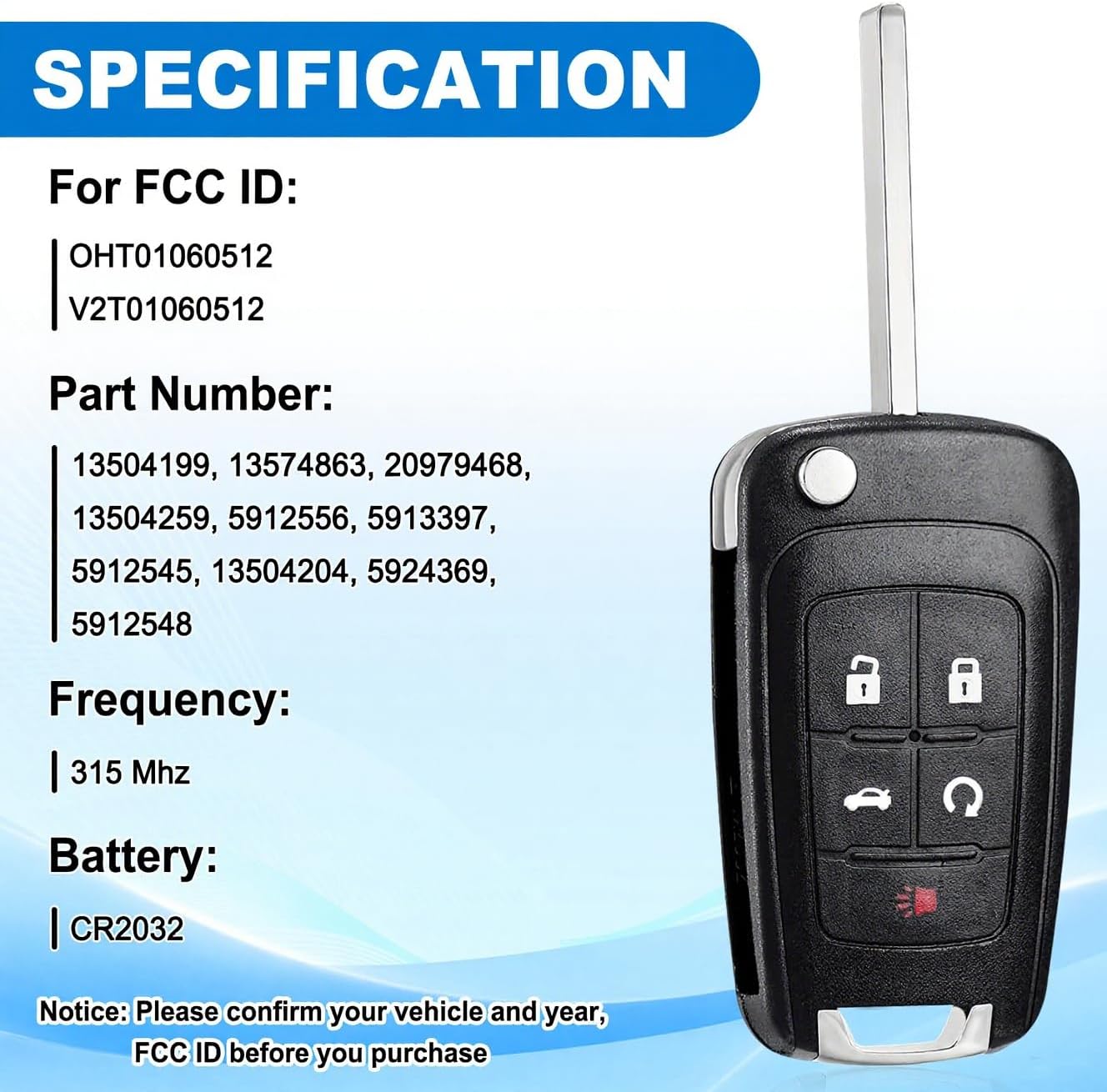 Key Fob Replacement for Chevy: 2 Pack Flip Key Fob for 2013-2016 Chevy Malibu Sonic Cruze Camaro Equinox Impala, Buick GMC, Keyless Entry Remote Control OHT01060512, V2T01060512, V2T01060514, 315Mhz