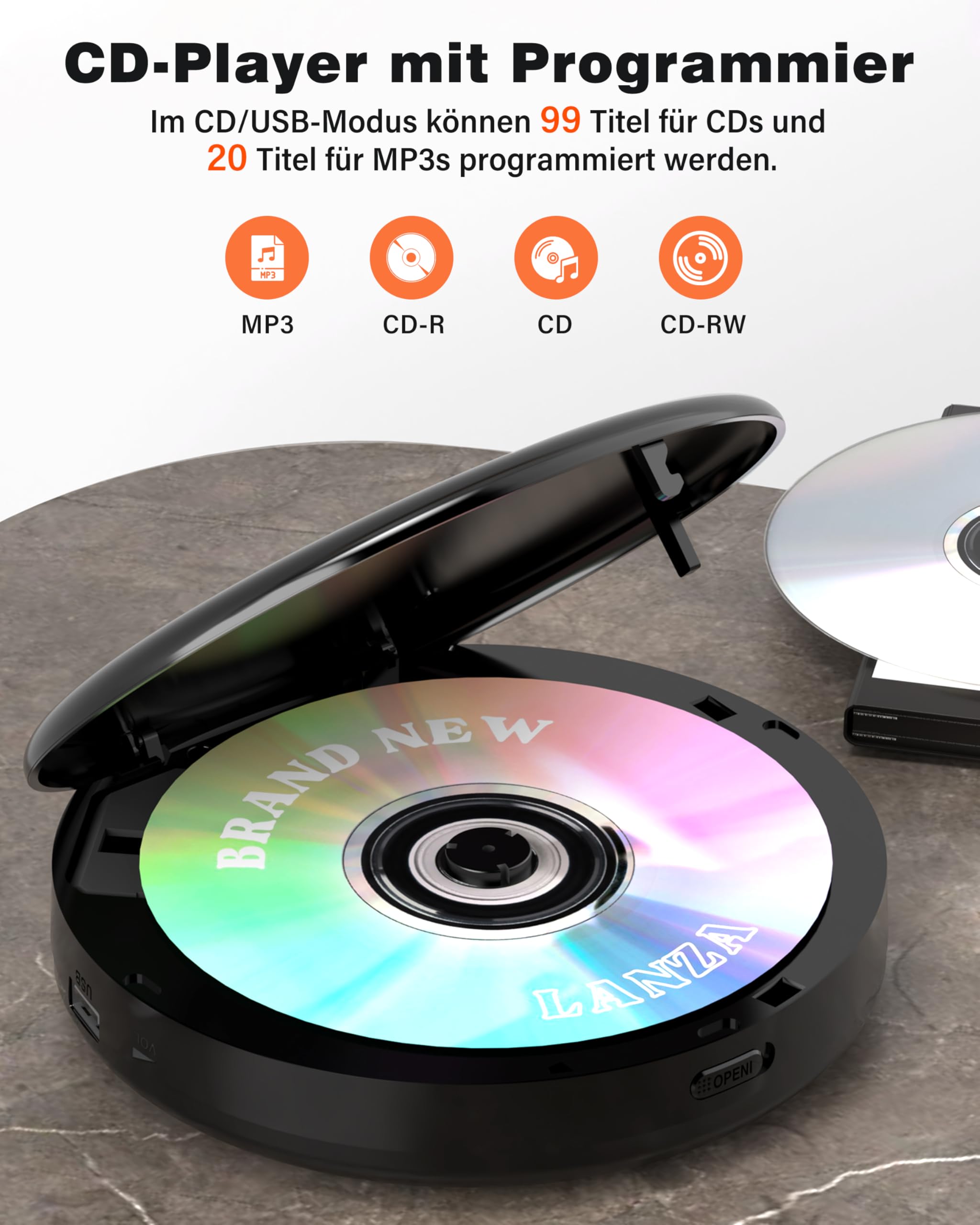 Greadio Discman - Lettore CD Bluetooth portatile con cuffie, lettore CD con anti-skip/antiurto e ricaricabile da 2000 mAh, trasmettitore FM compatibile, USB, uscita AUX, doppio altoparlante HiFi per