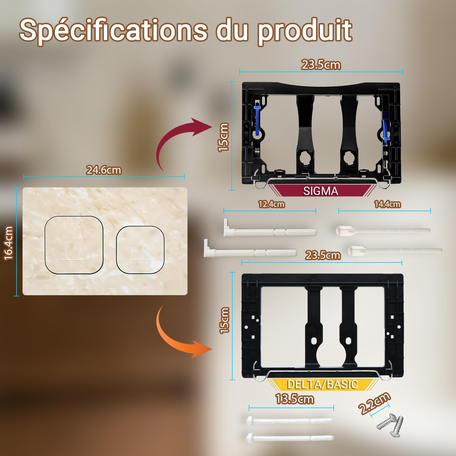 Plaque de Commande WC Compatible avec Geberit Duofix Sigma, Delta et Basic, Kit de Rechange avec Tiges de Poussée et Cadre de Montage pour UP300 & UP320, 245 x 164 mm(Beige-Y4-B)