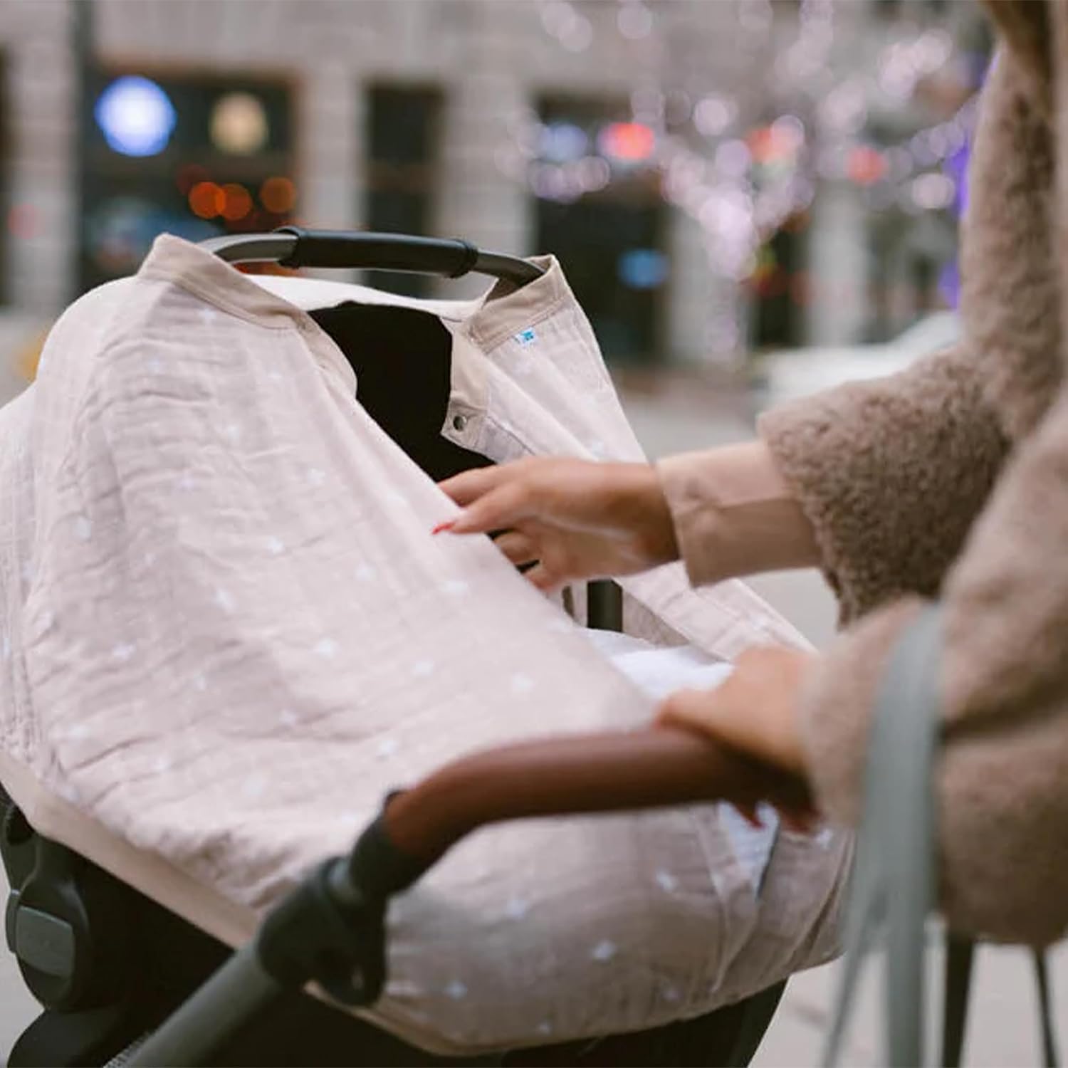 Little Unicorn Baby Car Seat Canopy | Soft & Breathable Muslin Fabric | Magnetic Closure Cover & Universal Fit | for Protection & Privacy | Nursing Cover (Taupe Cross)