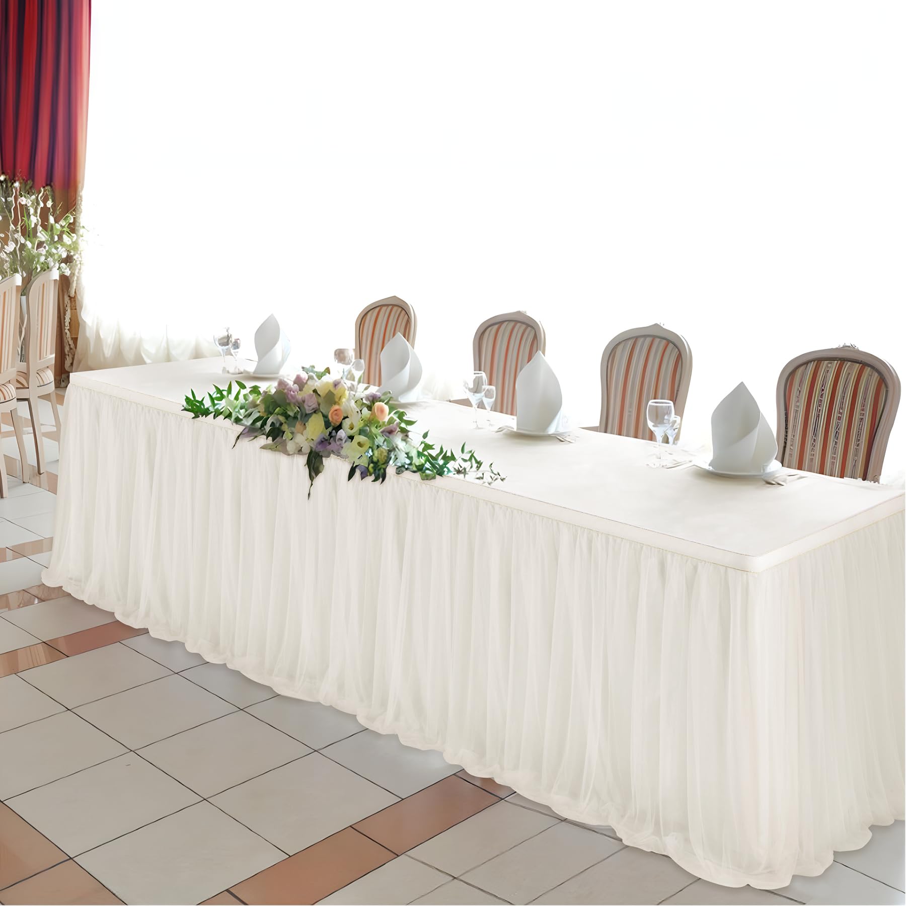 NSSONBEN Gonna da tavolo in tulle avorio per tavoli rotondi rettangolari 275×76cm