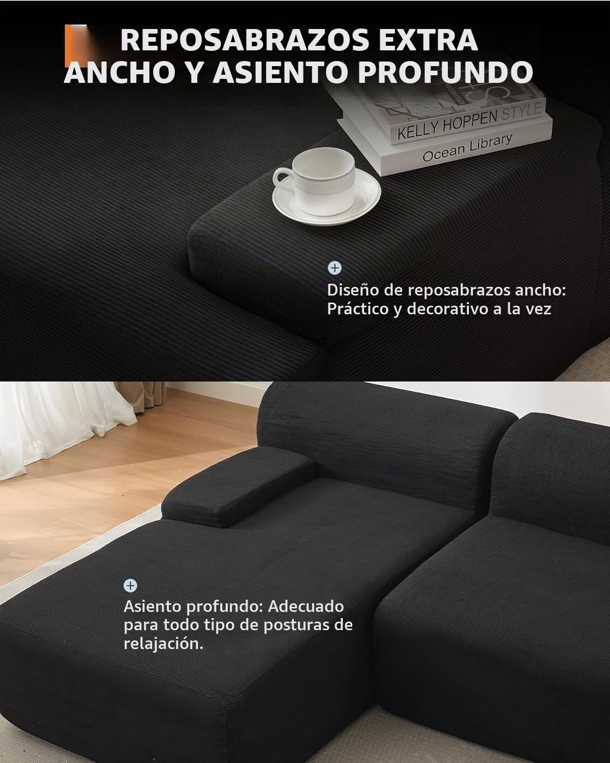 Acekool Sofá Esquinero Modular Estilo Nube 273 cm en Terciopelo Acanalado | Gran Chaise Longue a la Izquierda, Asiento Profundo, Entrega Compacta Sin Montaje