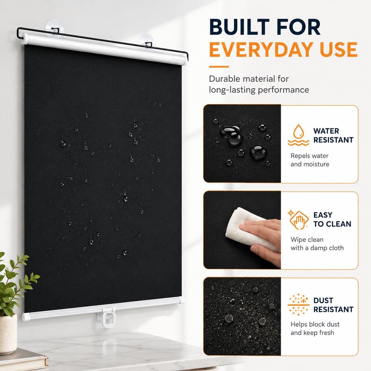 Tende a Rullo Retrattili per Finestre, Oscuranti in PVC con Ventose, Parasole Interno per Privacy, Camera da Letto, Cucina, Ufficio, Appartamento, Nero, Montaggio Rapido(W 75 x 60 cm)
