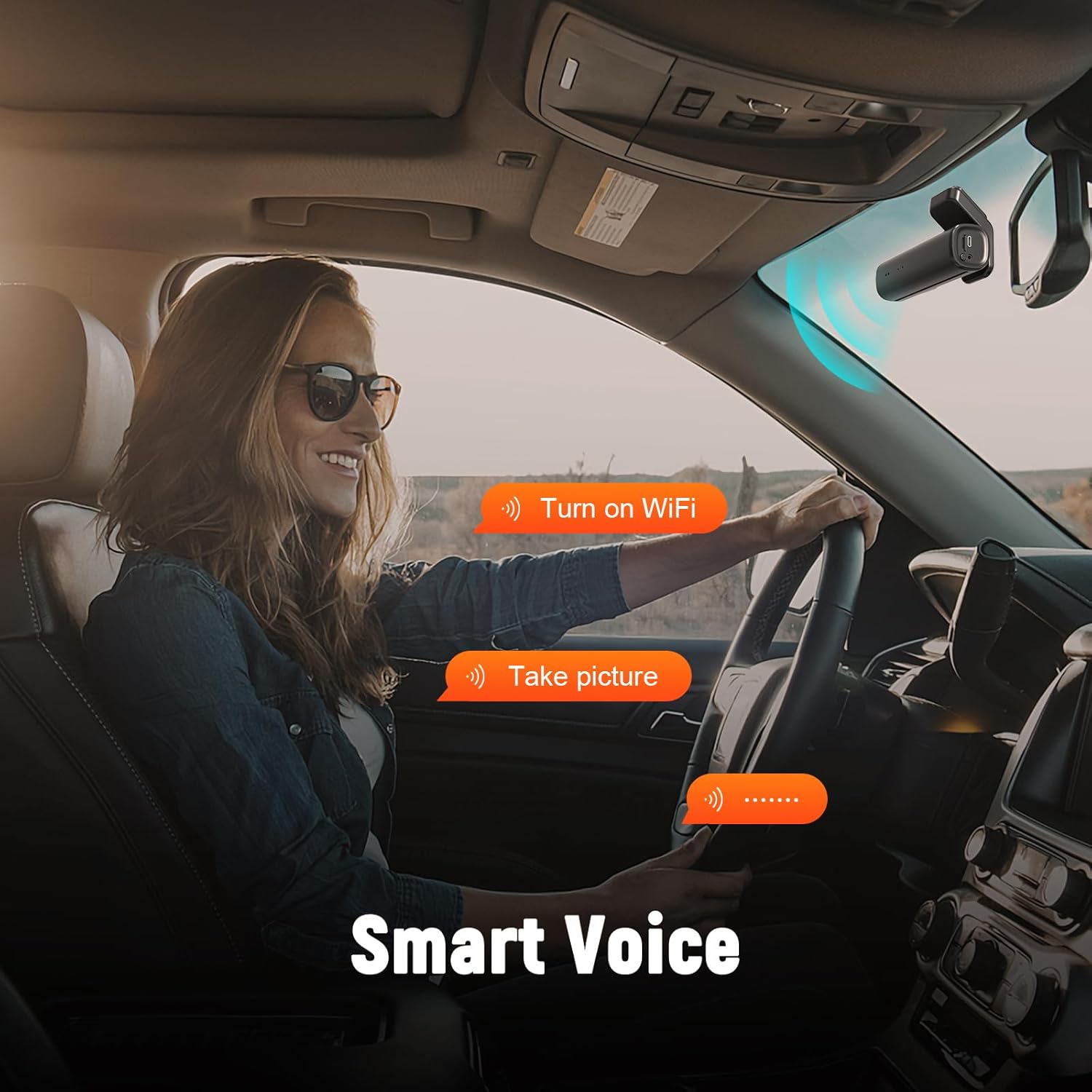 A person driving, using voice commands to control the dash cam, with speech bubbles indicating commands like 'Turn on WiFi' and 'Take picture'.