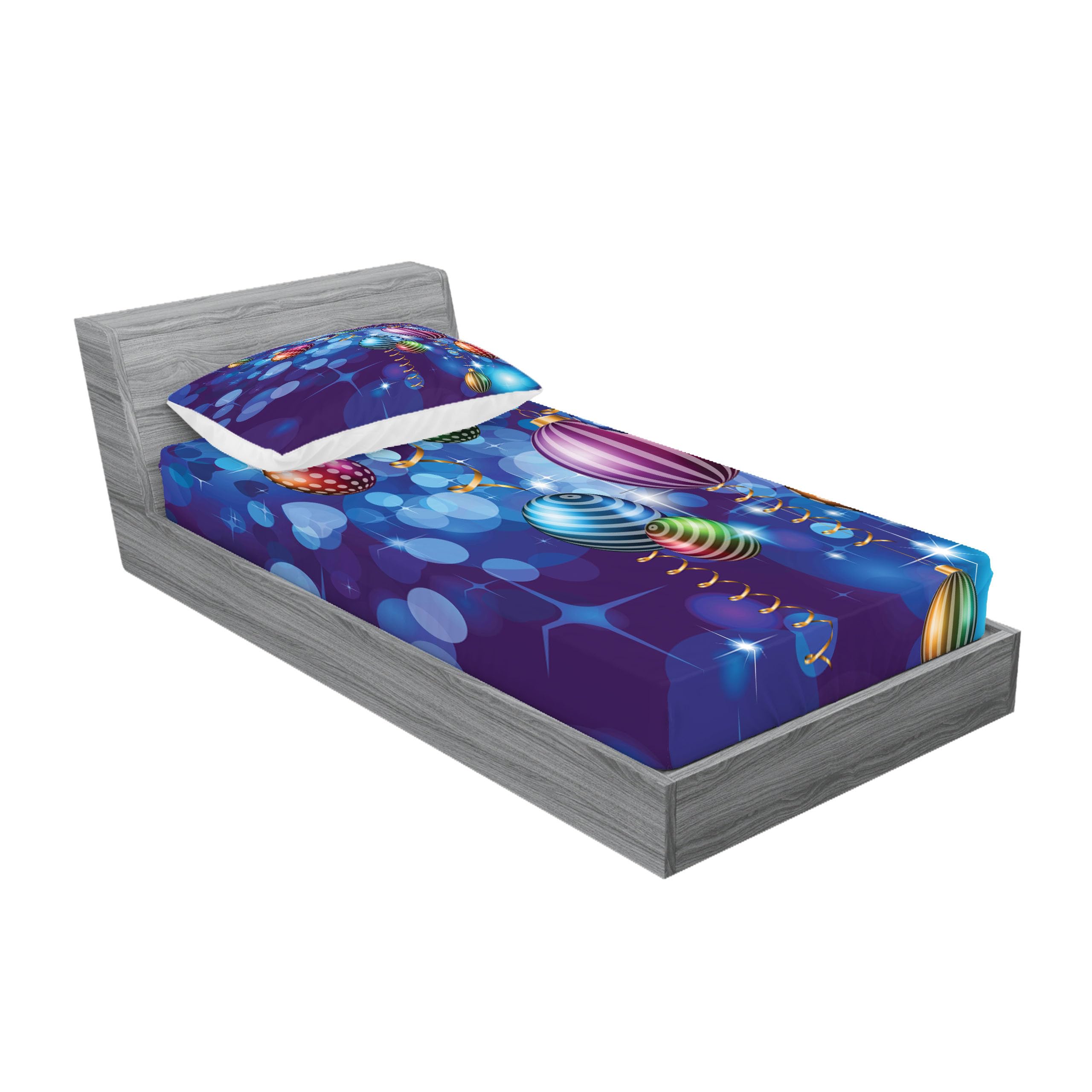 Ambesonne Christmas Fitted Sheet & Pillow Sham Set, Happy New Year Party Celebrations Swirling Ornaments and Balls Print, Decorative Printed 2 Piece Bedding Decor Set, Twinxl, Purple Navy