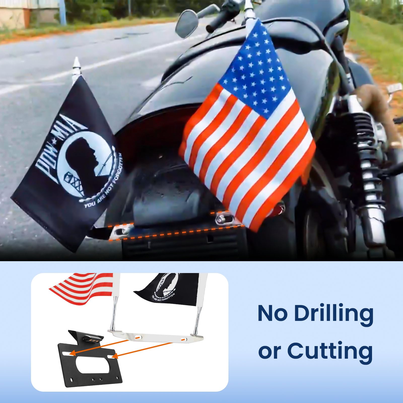 GUAIMI Motorcycle Flag Mount Double Flag Holder Motorcycle Flags (American Flag + POW MIA Flag) : Automotive