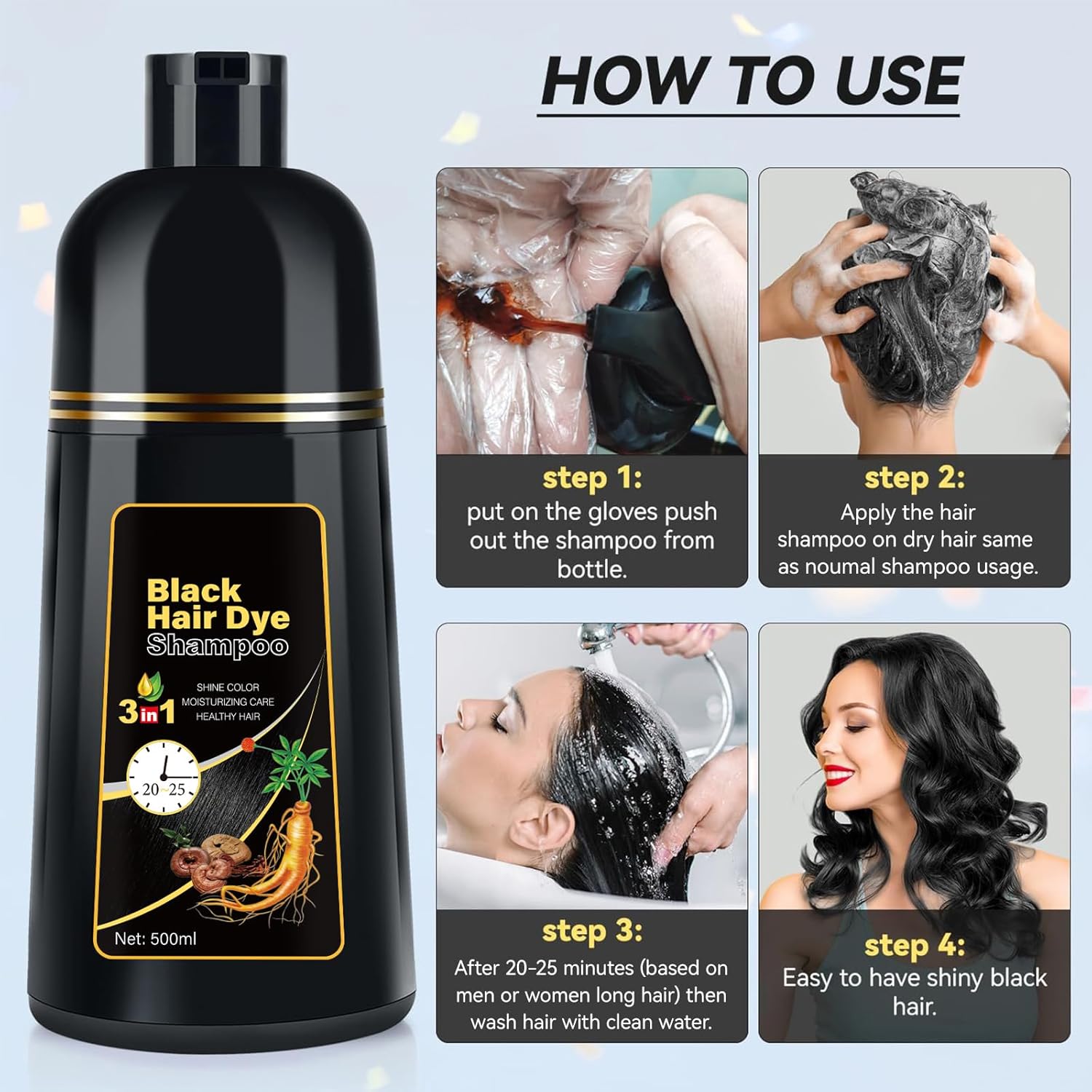 Black Hair Dye Shampoo Instant & Easy 3-in-1 Hair Color Solution for Men and Women - Herbal Formula, Ammonia-free, Lasts 30 Days - 16.90 oz - Image 7