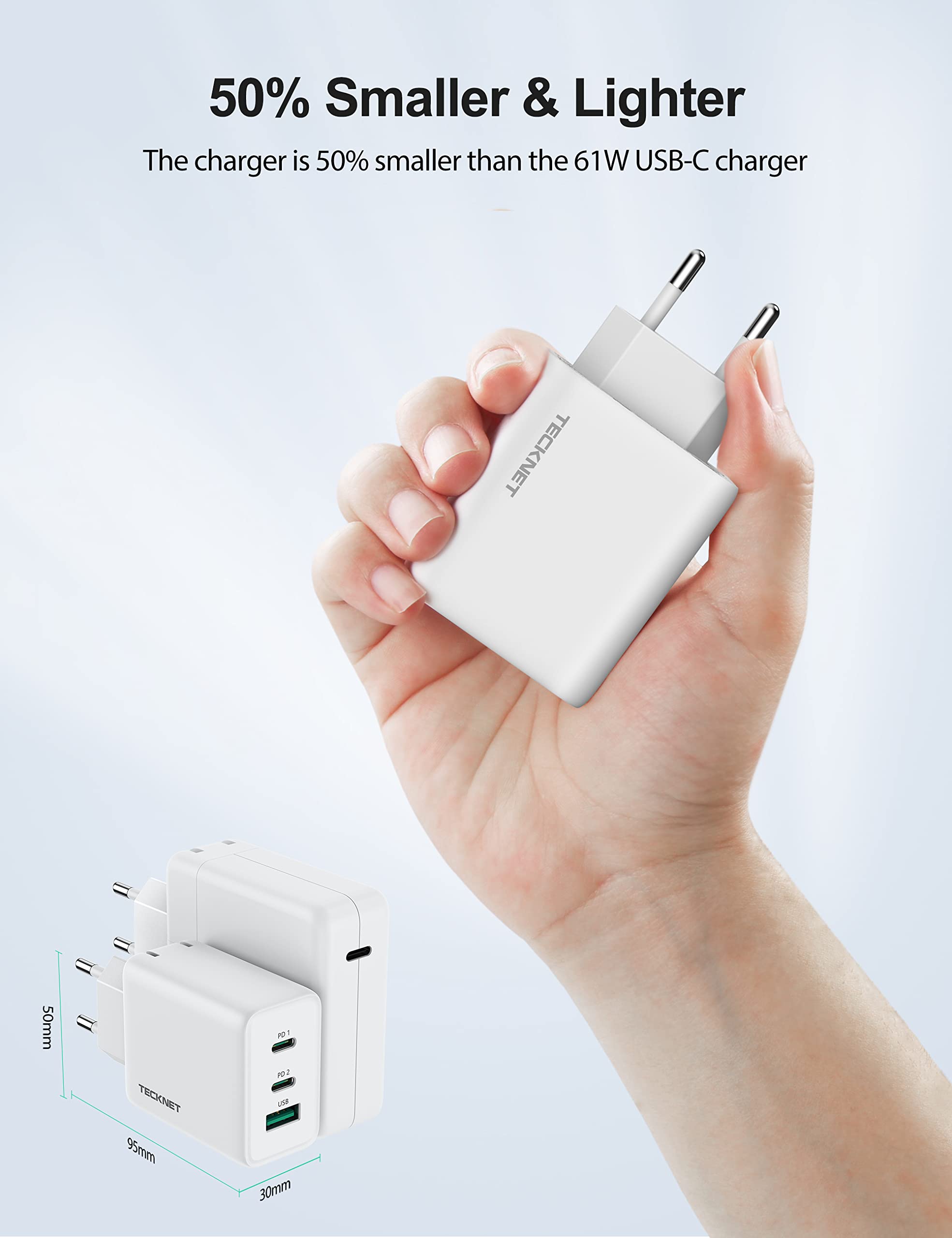 TECKNET Caricatore USB C 65W PD 3.0 GaN Fast Charger, Alimentatore Presa USB 3 Porte,Caricatore USB da Muro Compatibile per iPhone 13 Pro Max/13 Pro/13/13 Mini, MacBook Pro, iPad Pro(Senza Cavo)