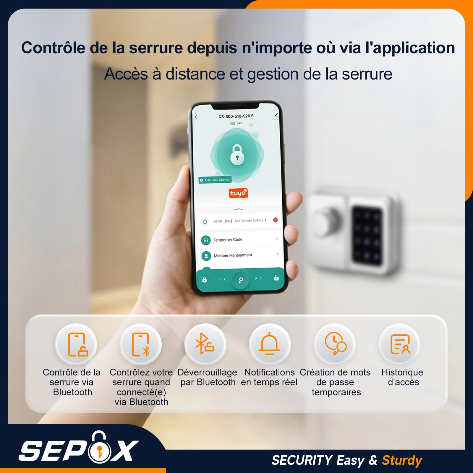 SEPOX Serrure Connectée Bluetooth Porte D’Entrée, Digicode, Clavier Tactile, Tuya, Sans Clé, Style Rétro, Pour Maison Appartement Bureau (Argent, Écran double)