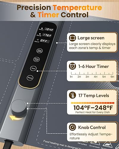 Miniatura 5 de Tapete de calentamiento independiente de 3 zonas para alimentos, 40 x 17 pulgadas, XXL, tapete de calentamiento de alimentos con 17 niveles de
