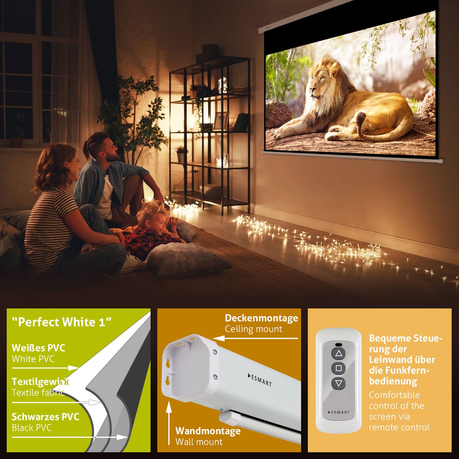 Besuche den ESMART- ESMART Economy EXM Motor-Leinwand 277 cm Bild 240 x 135 cm (108") | Format 16:9 | Fernbedienung | Heimkino elektrische Beamer Projektionsleinwand Motor Leinwand LCD in use
