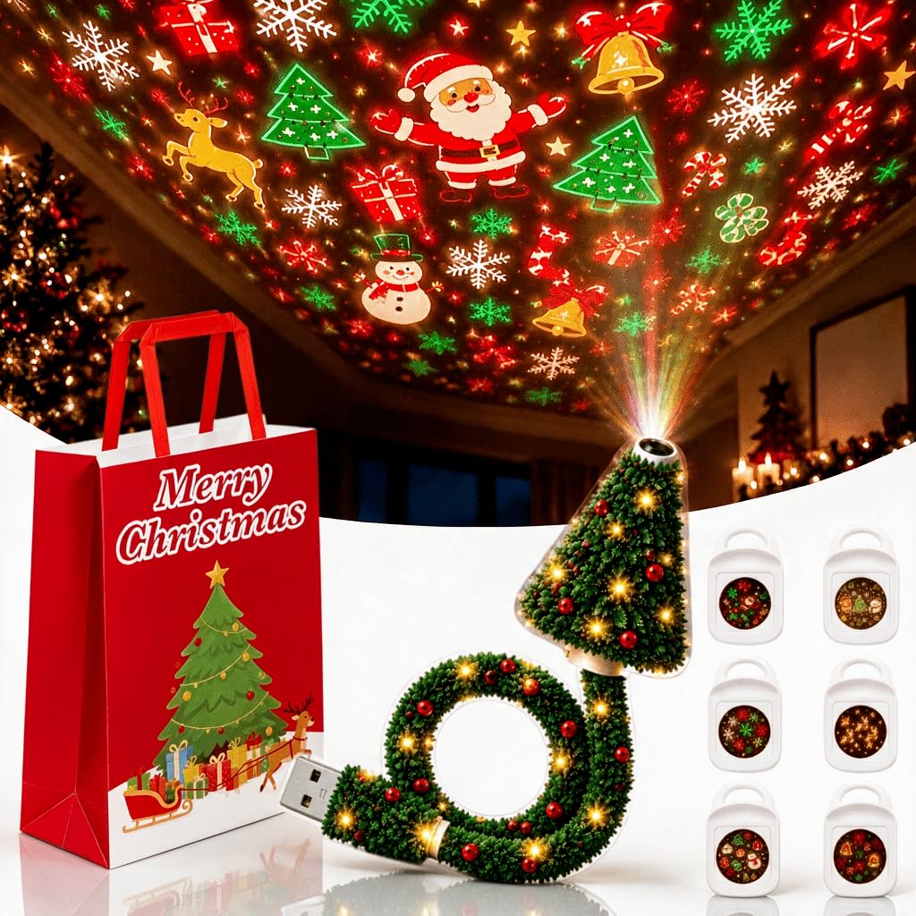 Christmas USB Projector Light,Plug And Play HD Christmas Projector,Indoor Holiday Projection Lamp For Wall And Ceiling with 6 Festive Scenes,for Bedroom Living Room Holiday Party Decor,Ideal Xmas Gift