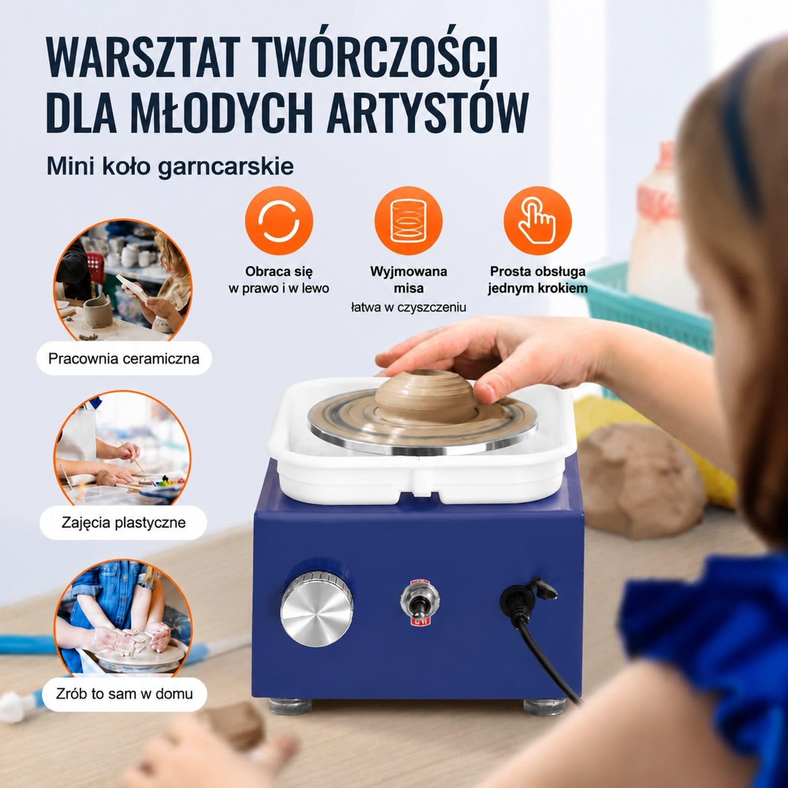 Niebieskie elektryczne koło garncarskie, 30 W 220 V, 0-300 obr/min, obciążenie gliny 1 kg, z fartuchem i zdejmowaną misą do ceramiki