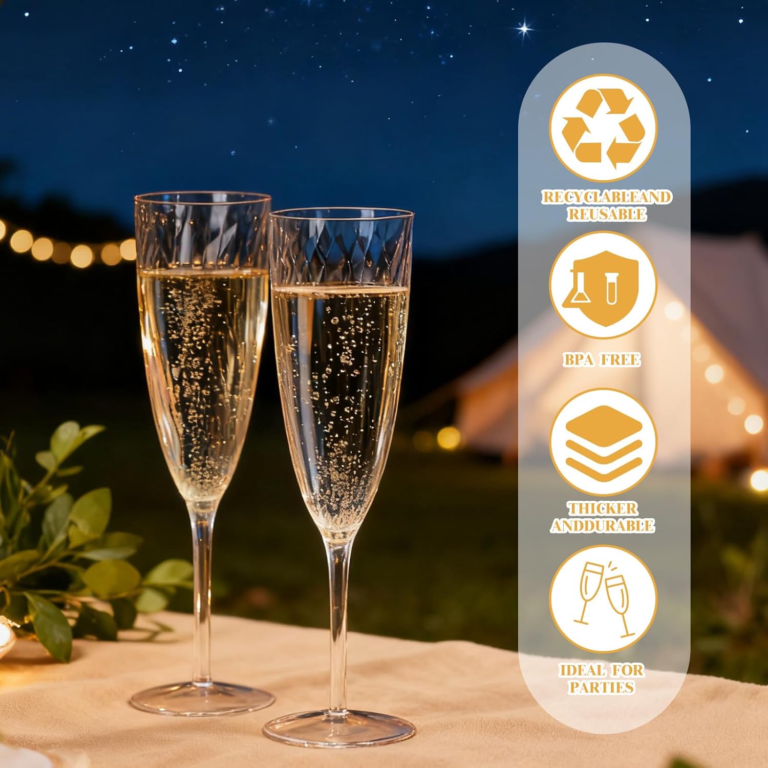 24 PCS Elegant Plastic Champagne Flutes, 6 oz Clear Disposable Yet Reusable Champagne Glasses for Wedding, Birthday, Party Toasting (24 Count)