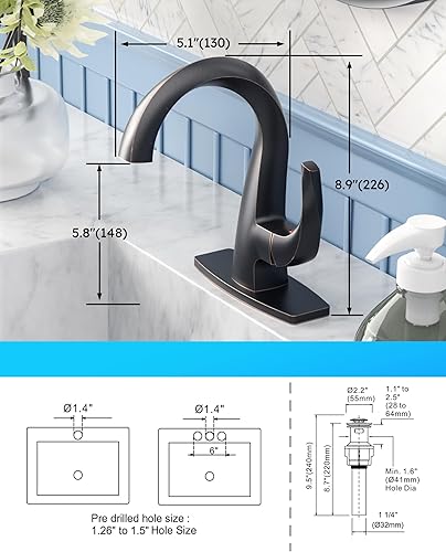 Miniatura 6 de WOWOW Grifo de baño de una sola manija de 1 agujero de arco alto para lavabo de baño aceitado con drenaje desplegable, grifo de lavabo de baño