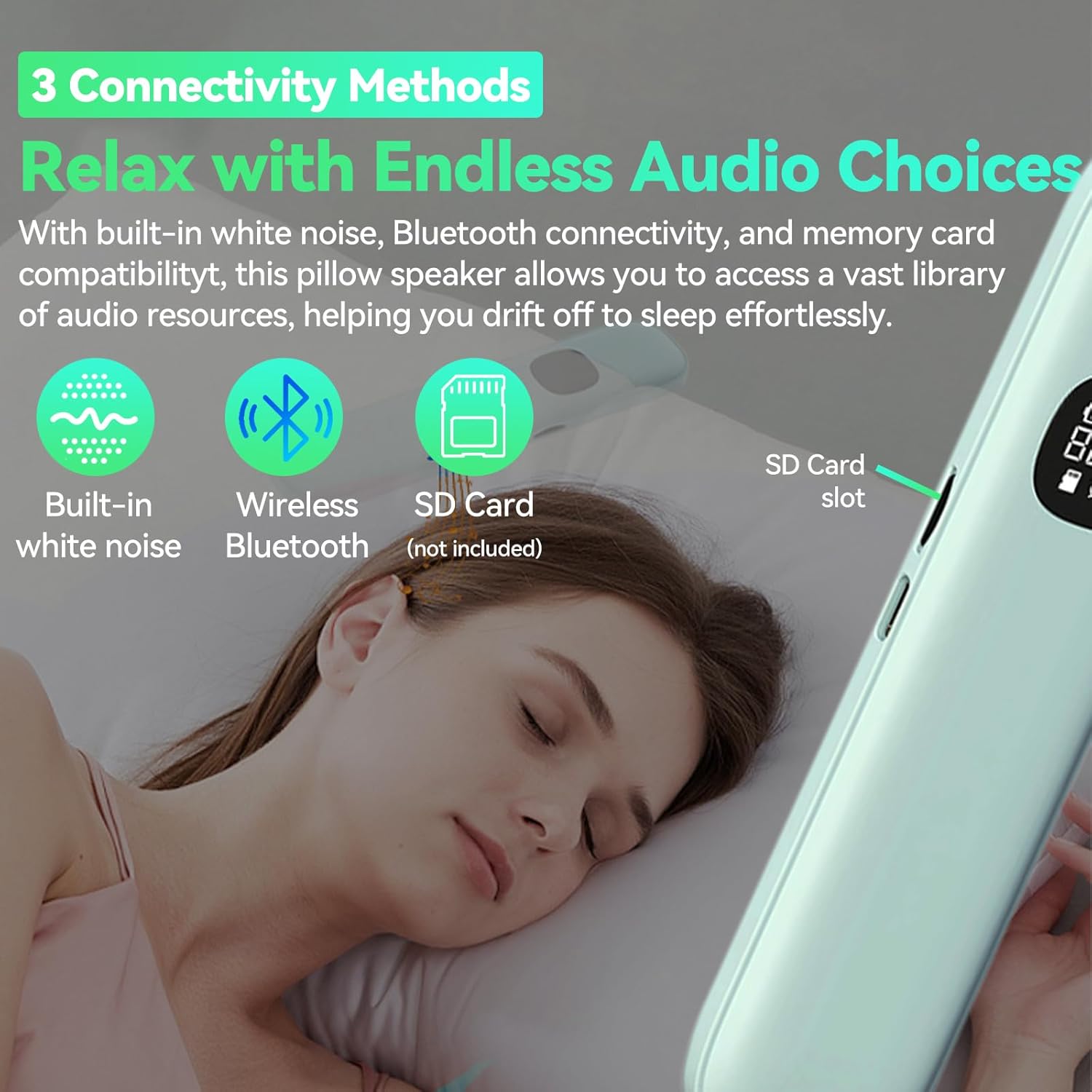 Bluetooth Pillow Speaker for Sleep - Bone Conduction Sleep Speaker Under Pillow with Built-in 35 White Noise, Portable Sleep Headphones for Travel, Sound Bar with 300mAh Battery (Green)