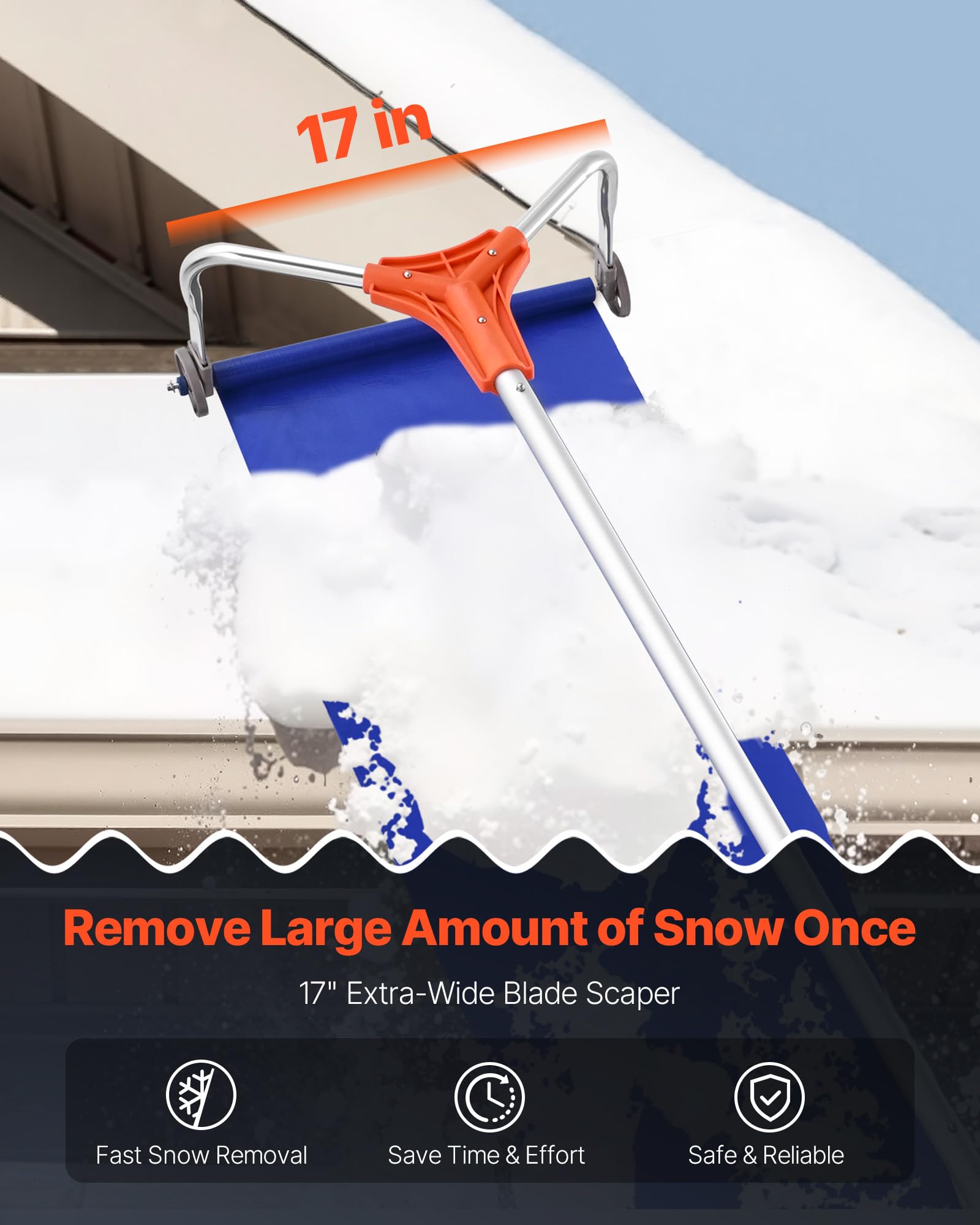 VEVOR Rastrillo de Nieve para Techo 125 - 524 cm con Raspador de 432 mm, Herramienta de Eliminación de Nieve, Mango Antideslizante, Protectoras de Techo con Ruedas para Hojas Caídas, Escombros