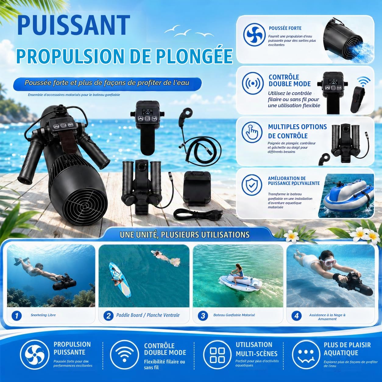 Bateau Gonflable 3-en-1 avec Scooter Aquatique 500W Optionnel Powered | Exploration sous-marine, conversion kayak, construction Drop-Stitch renforcée, usage eau salée, rangement compact coffre