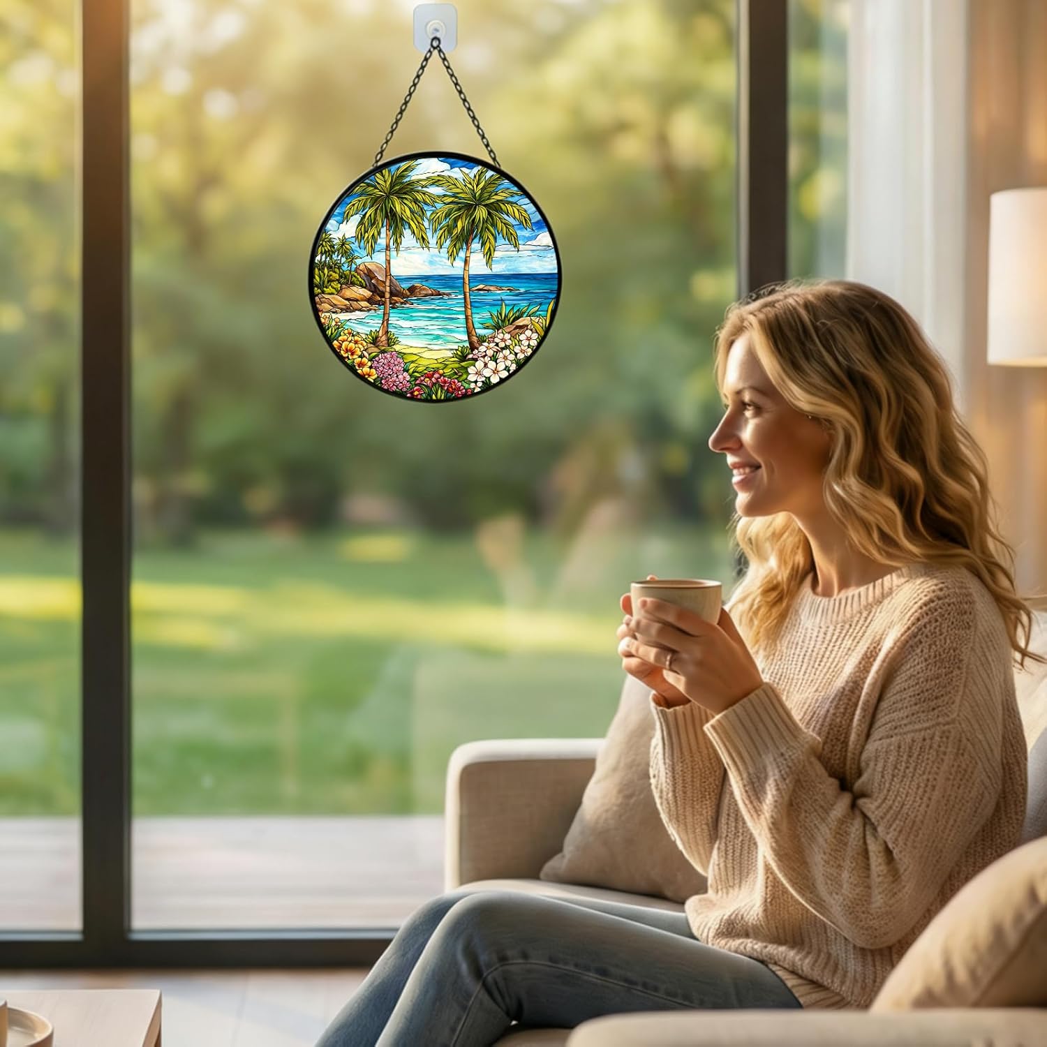 Stained Glass Window Hanging Suncatcher 11.8 in Tropical Beach Palm Trees and Flowers Colorful Glass Panel Sun Catcher for Window， Window Hanging Decor for Home， Housewarming Gift