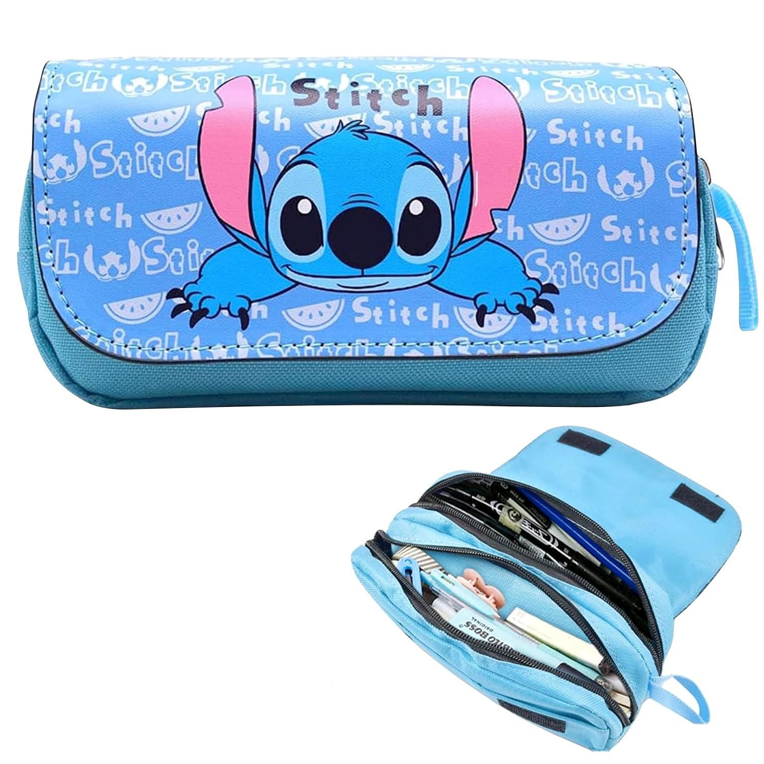 DONGSZQ Stitch Estuche Escolar, Stitch Estuche de Lápices con 2 Compartimentos, Estuche Lápices e Gran Capacidad, Estuche Escolar Cartoon portátil para niños y niñas