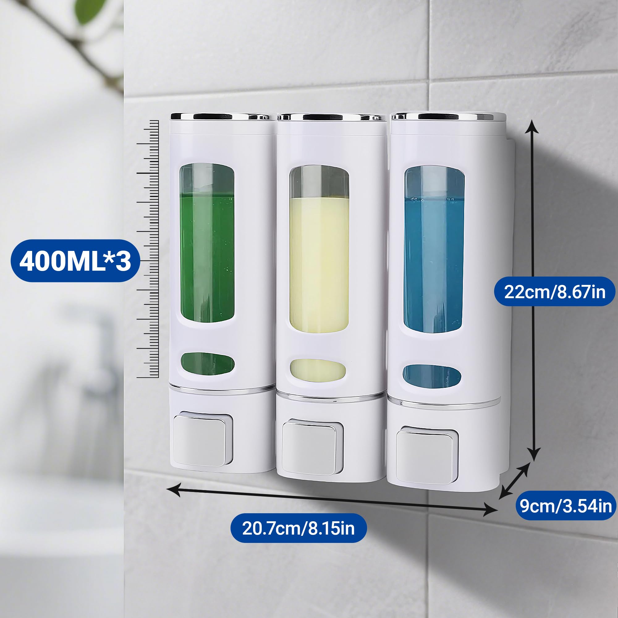 Dispensador de jabón, 3 cámaras de 400 ml, montado en la pared, sin taladro, color blanco