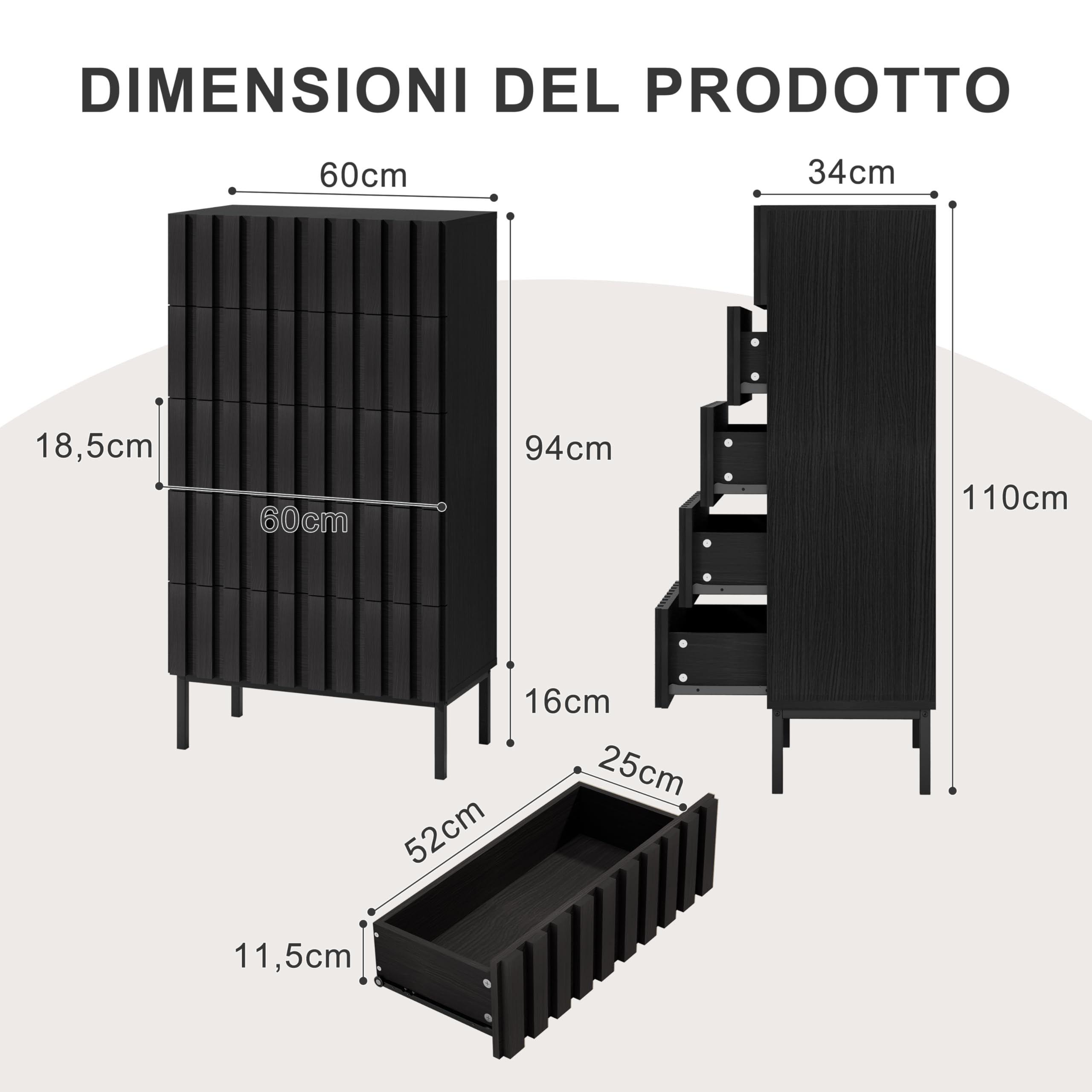 UEV Cassettiera Naturale con 5 Cassetti, Settimino Salvaspazio con Motivo a Doghe di Legno, Cassettiere Camera da Letto Solida e Stabile con Design Antiribaltamento, 60 x 34 x 110 cm, Nero