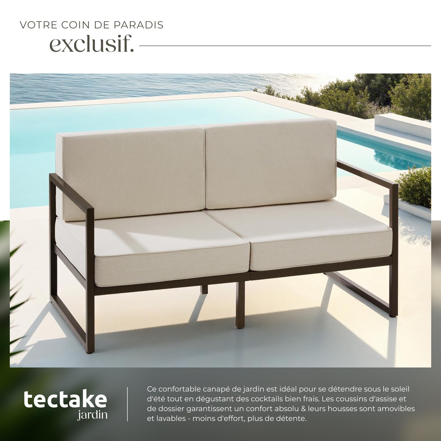 tectake® Salon de Jardin Exterieur Canapé 2 Places Banquette de Jardin Coussins épais Inclus Cadre en Acier laqué époxy Mobilier Canape Exterieur Amenagement Balcon Terrasse Veranda Maison