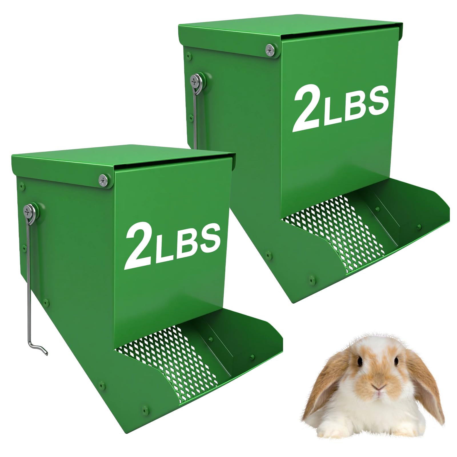 2 Packs Hay Feeder Rabbit, Metal Small Animal Feeder with Lid & Mesh Bottom, 4.7 Inch 2 LBS Capacity, Gravity Food Dispenser for Guinea Pigs Chinchillas, Cage or Outdoor Use, Green