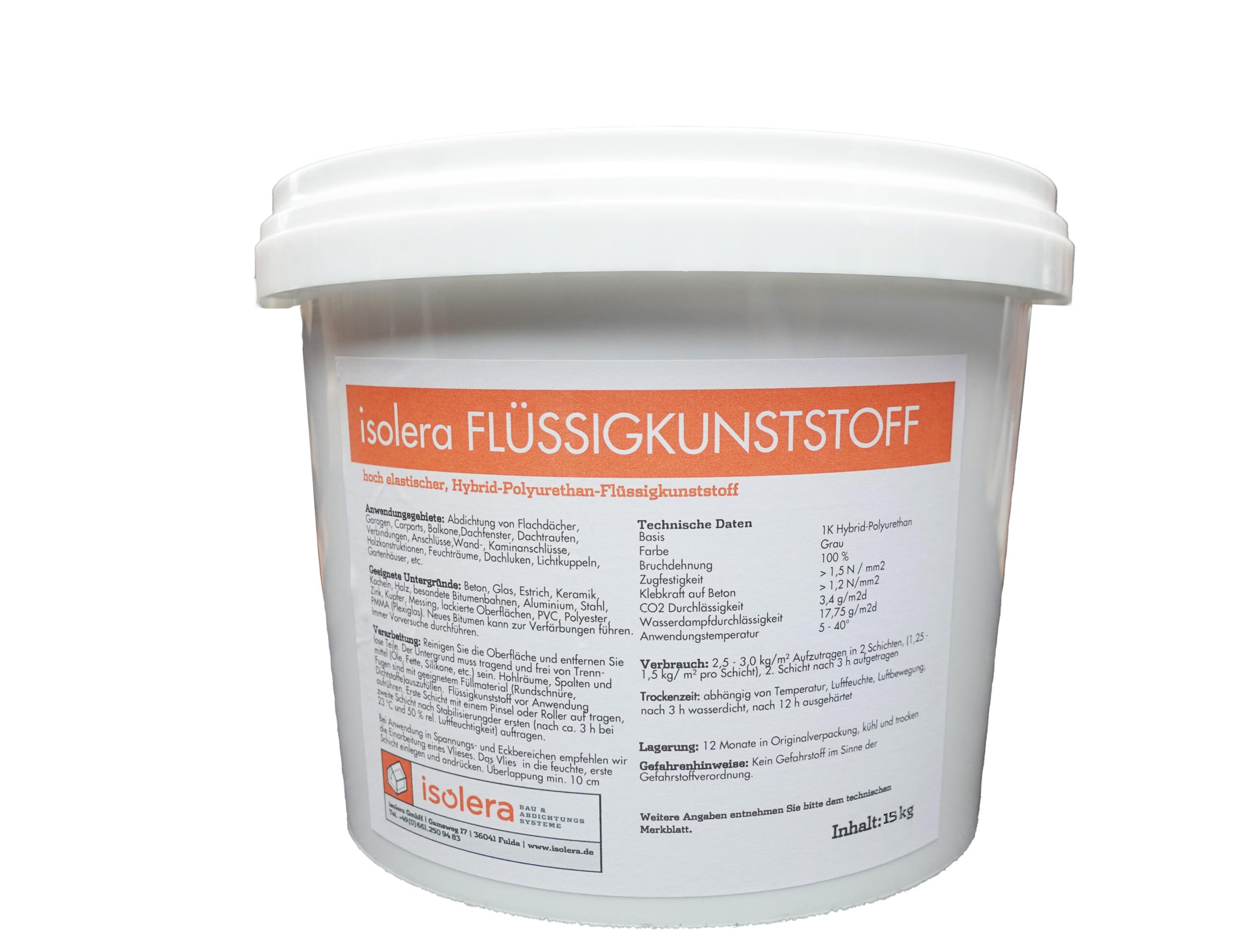 isolera Flüssigkunststoff – Elastischer Hybrid-Polyurethan zur Abdichtung innen & außen, wasserdicht, UV- & witterungsbeständig, keine Grundierung nötig, grau, 15kg, Made in Germany