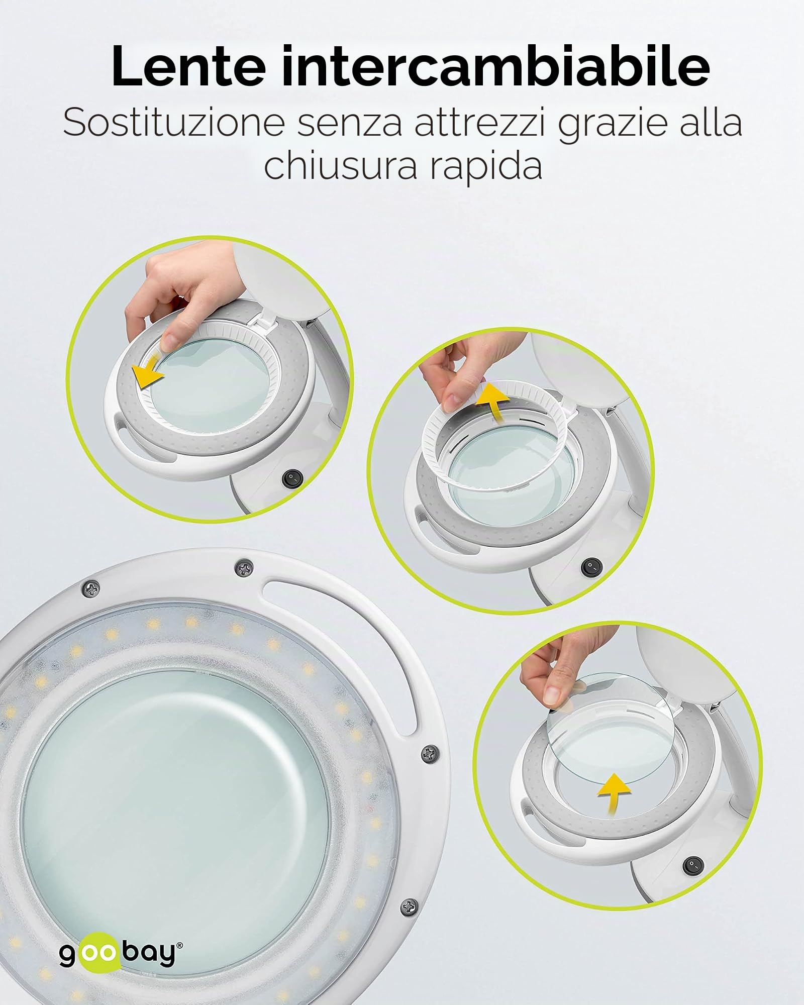 goobay 60363 Lampada ingrandimento LED dimmerabile/Supporto lampada ingrandimento, lente ingrandimento luce/temperatura di colore 6500K / flusso luminoso 450lm / tensione d'esercizio 230V / bianco
