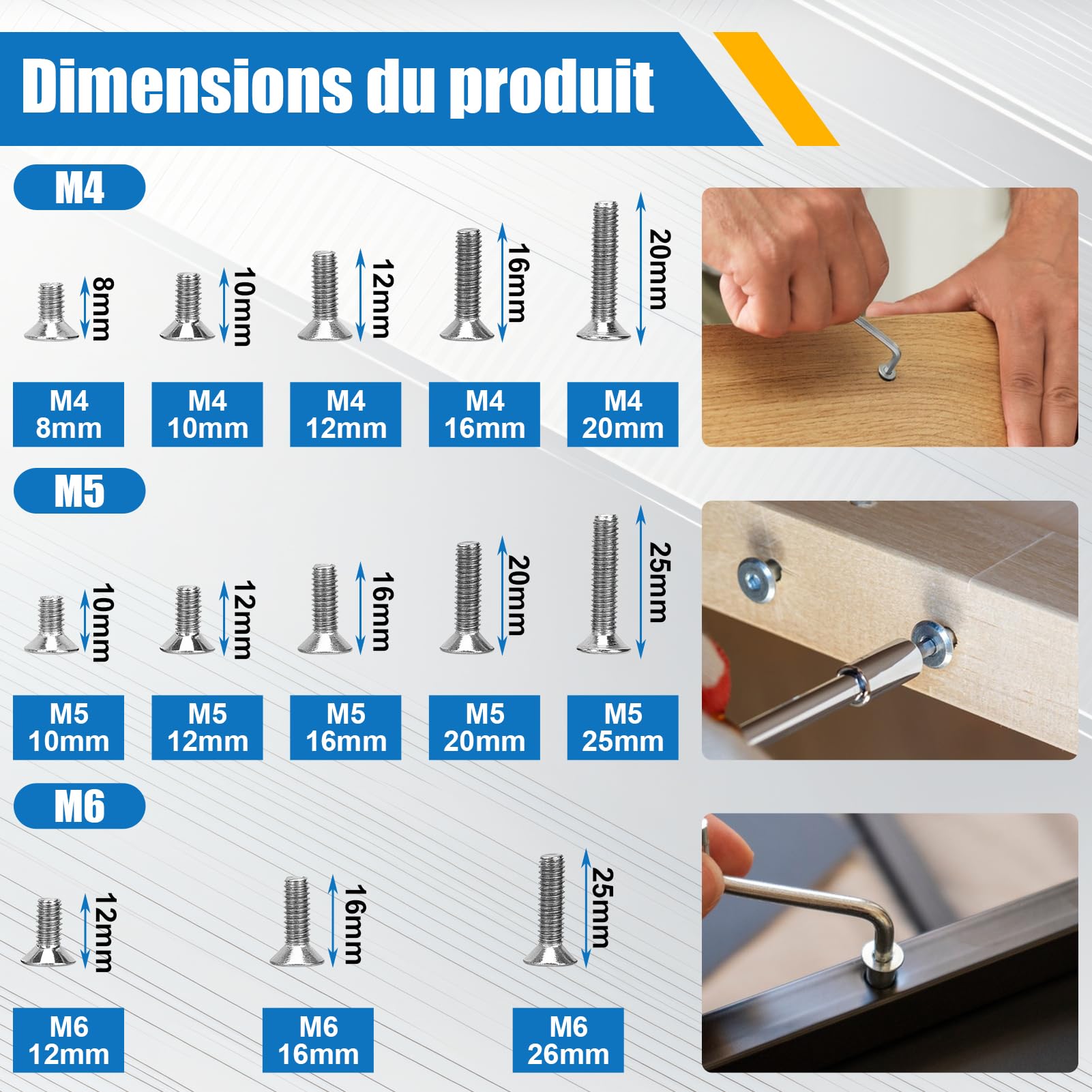 260 pièces de vis inox boulon en acier inoxydable M4/M5/M6, vis à tête fraisée, set de vis plates en acier inoxydable 304 pour l'industrie électronique, machines métriques, imprimantes 3D