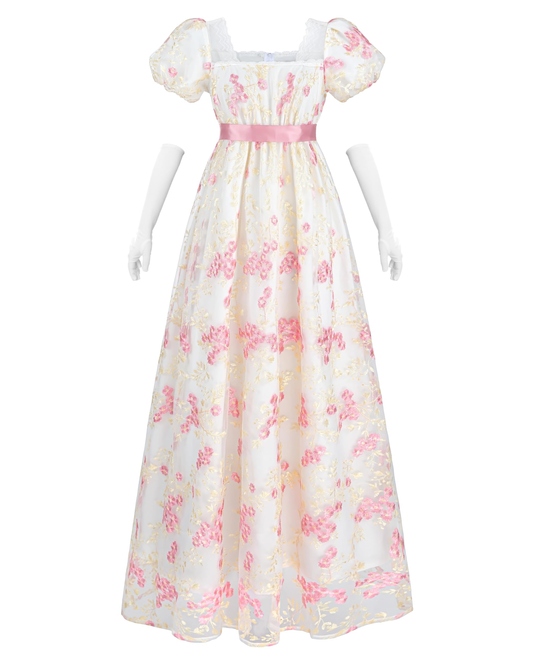 NSPSTT Women Regency Dresses Puff Sleeves Empire Waist Victorian Dresses Pink Long Dress Tea Party Gown with Gloves,M