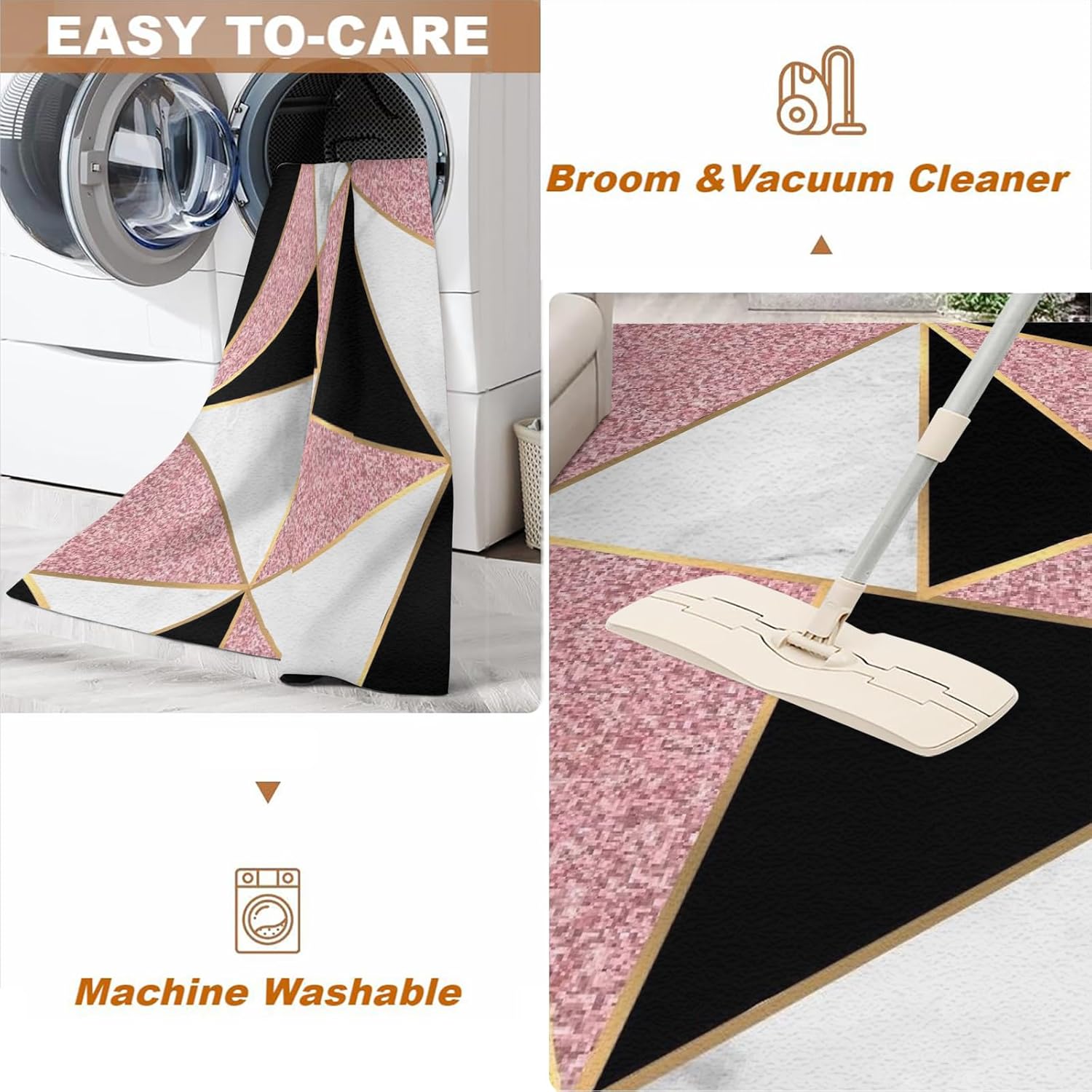 Luxury Pink Black Gold Geometric Washable Rugs, Nordic Simple White Marble Texture Area Rug, Non-Slip Low Pile Rubber Backed Thin Mat for Living Room Bedroom Apartment Study Room Office 2x3ft