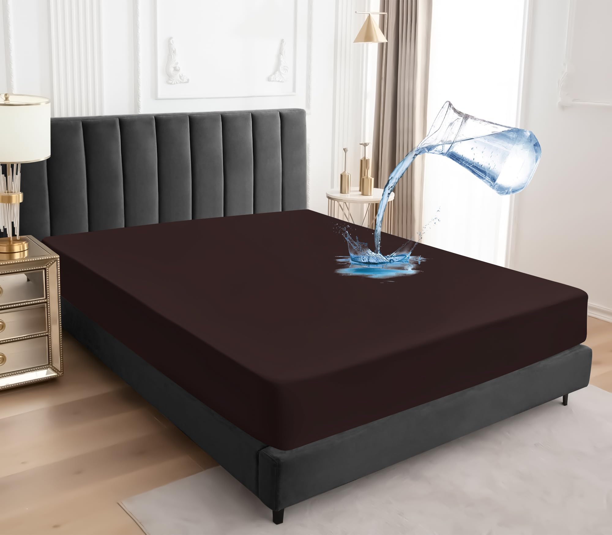 Mattress Protector Waterproof Fitted Sheet, 90x190cm Mattress Cover with Rubber Band - Brown, Single: 90x190cm