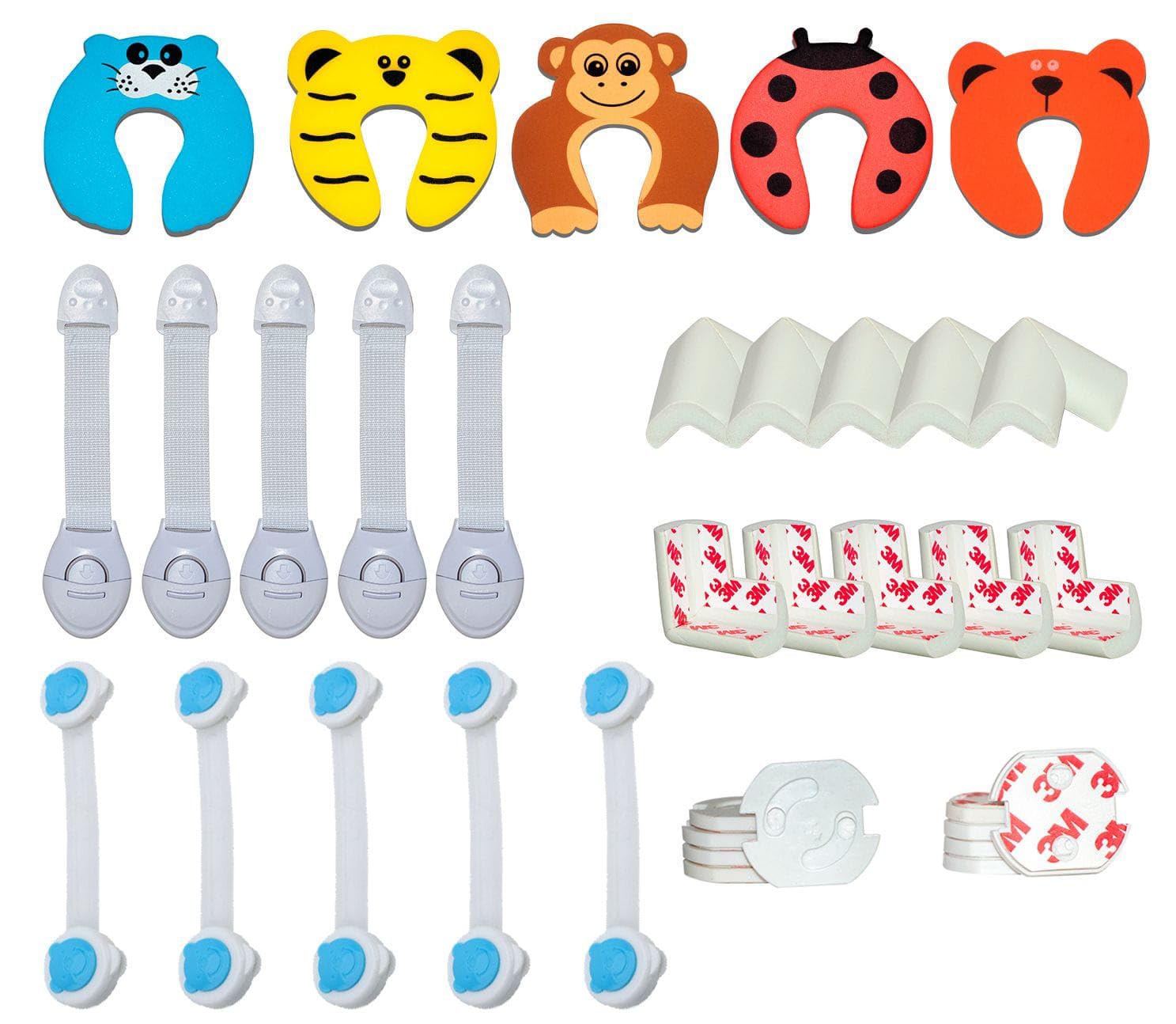 BABALUU Kit Seguridad Bebe Niños - 5 Topes para Puertas -10 Protectores Esquinas de Espuma - 10 Protectores Enchufes - 5 Cierres Seguridad Armarios – 5 Cierres Seguridad Cajones.
