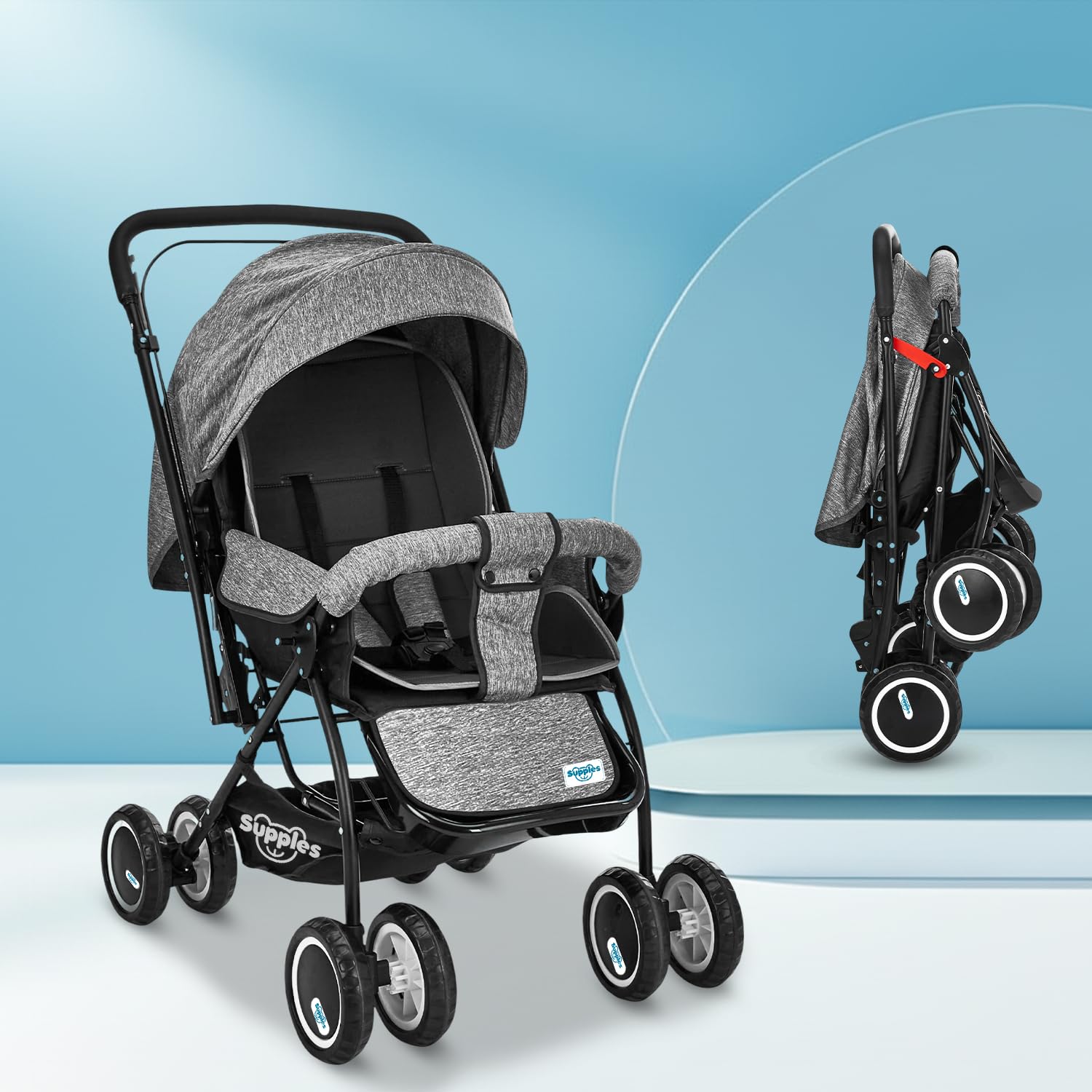 Amazon Brand – Supples Baby Stroller/Pram for Newborns & Toddlers (0–3 Years) | Foldable, 5-Point Safety Harness, Reclining Seat, Storage Basket, Adjustable Backrest, 360° Wheels | Grey & Black-image-16
