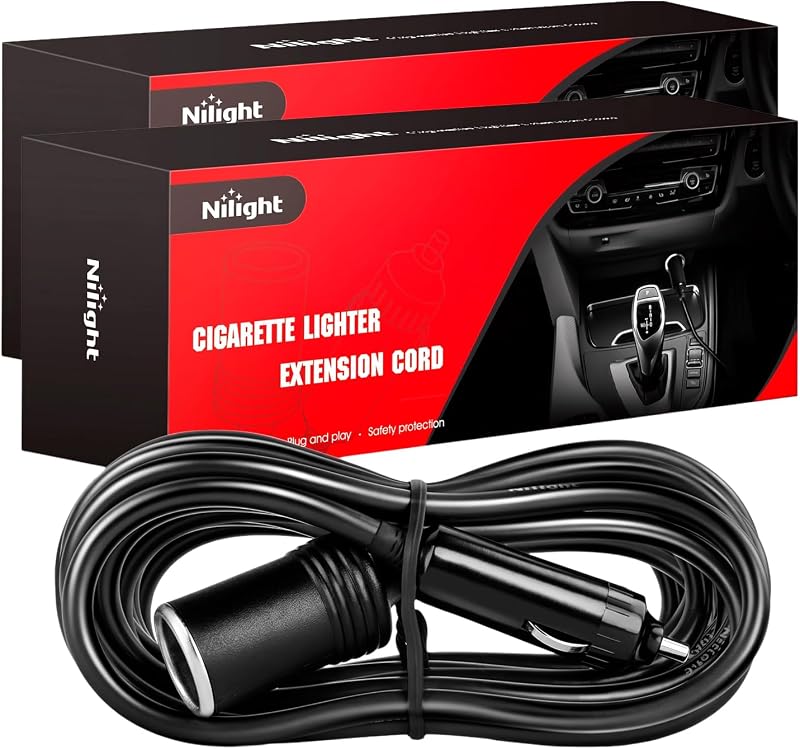 Cabo de extensão para acendedor de cigarros Nilight NI-WA-01C 12 V/24 V com plugue macho e tomada fêmea – Pacote com 2