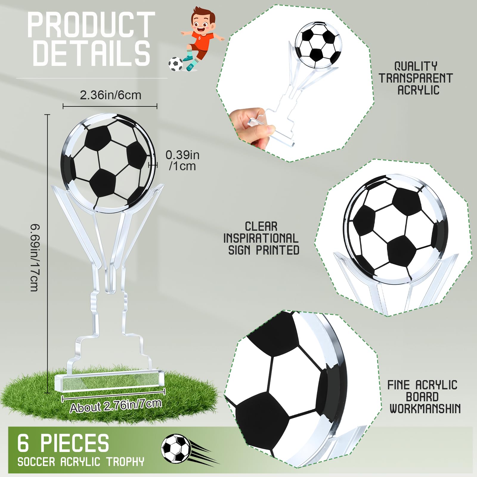 Moucuny 6 piezas de adornos acrílicos para el premio del trofeo de fútbol, letrero de fútbol, recuerdo de partido de fútbol, premio de juego para equipo de fútbol, entrenador, miembro del club, regalo